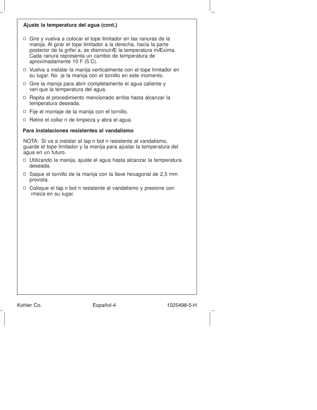 Kohler k-10951, k-10950 manual Ajuste la temperatura del agua, Para instalaciones resistentes al vandalismo 