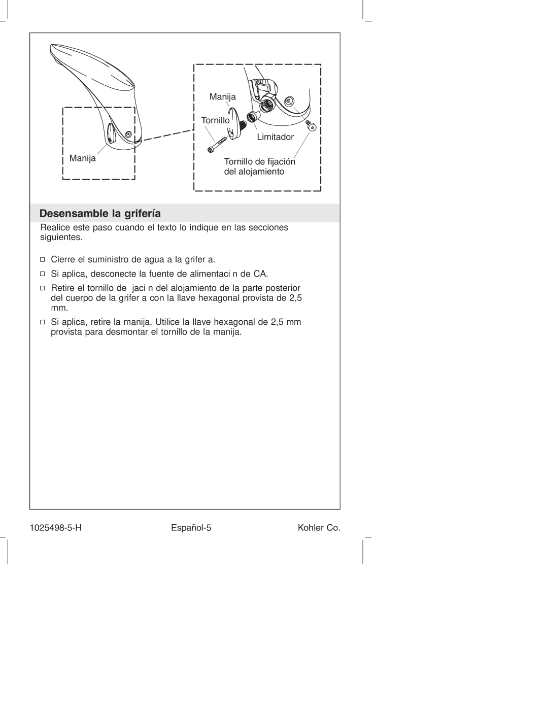 Kohler k-10950, k-10951 manual Desensamble la grifería 