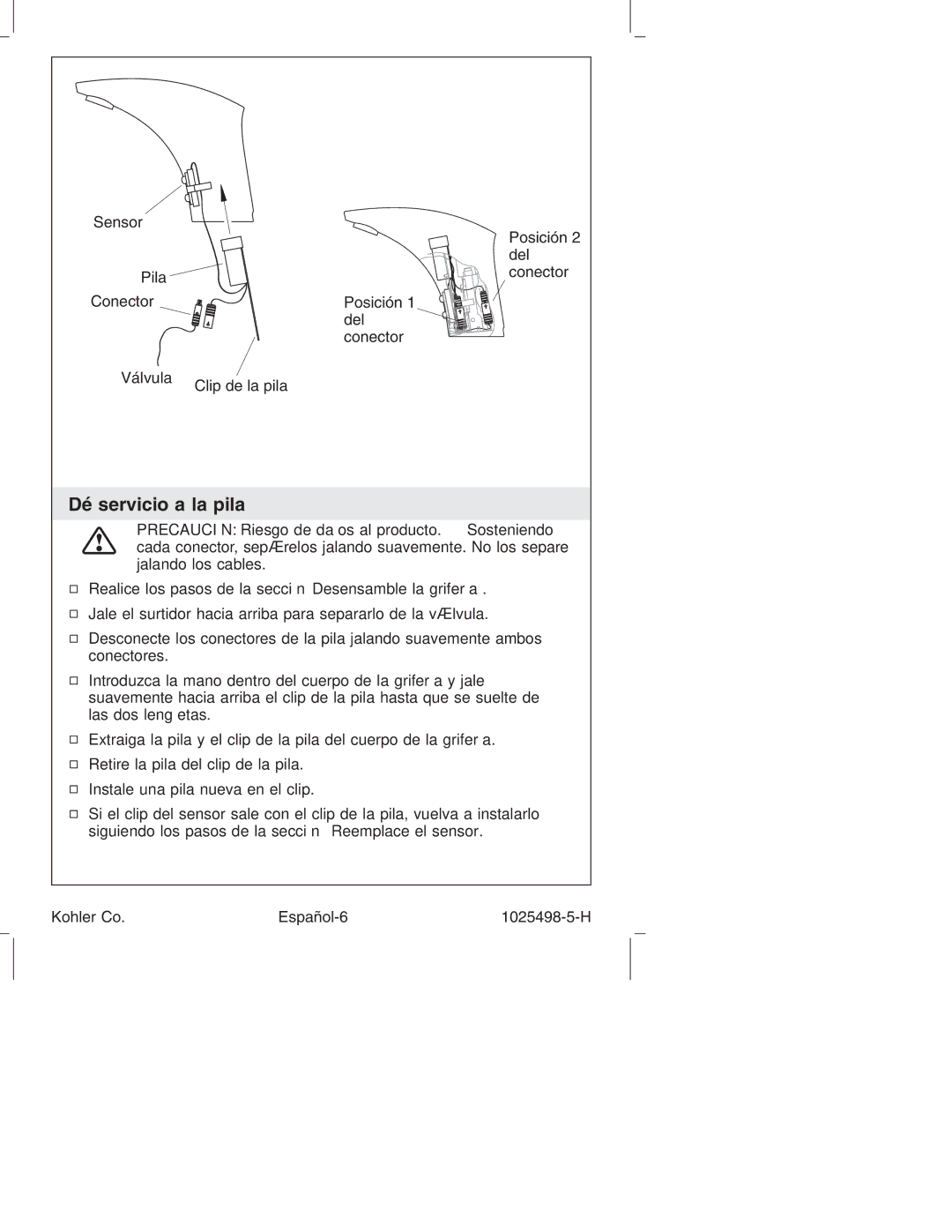 Kohler k-10951, k-10950 manual Dé servicio a la pila 