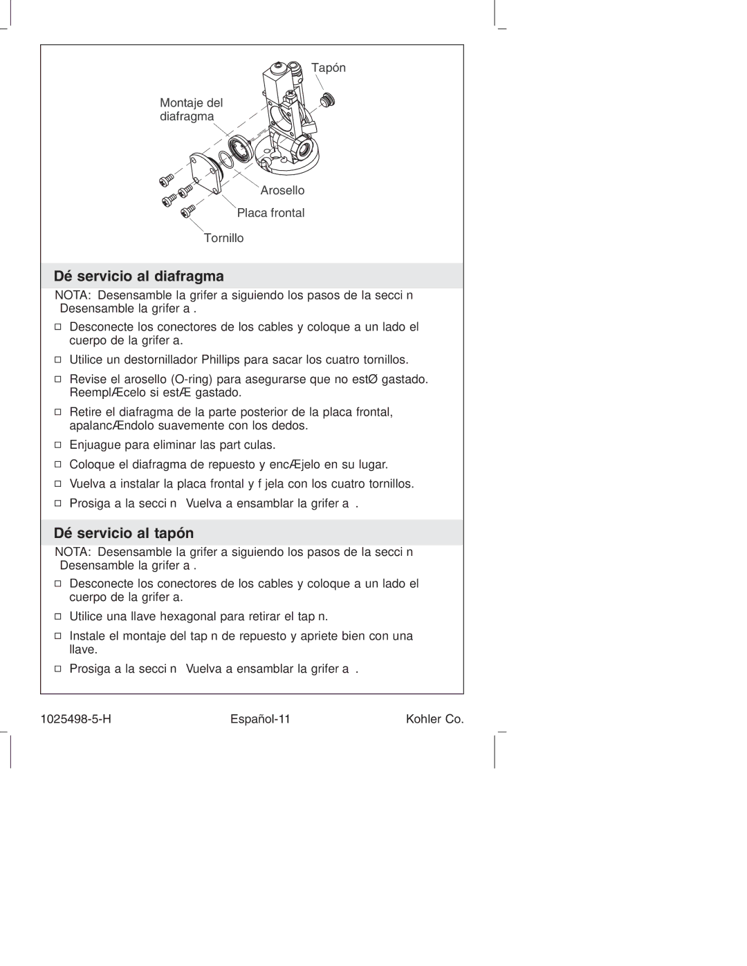 Kohler k-10950, k-10951 manual Dé servicio al diafragma, Dé servicio al tapón 