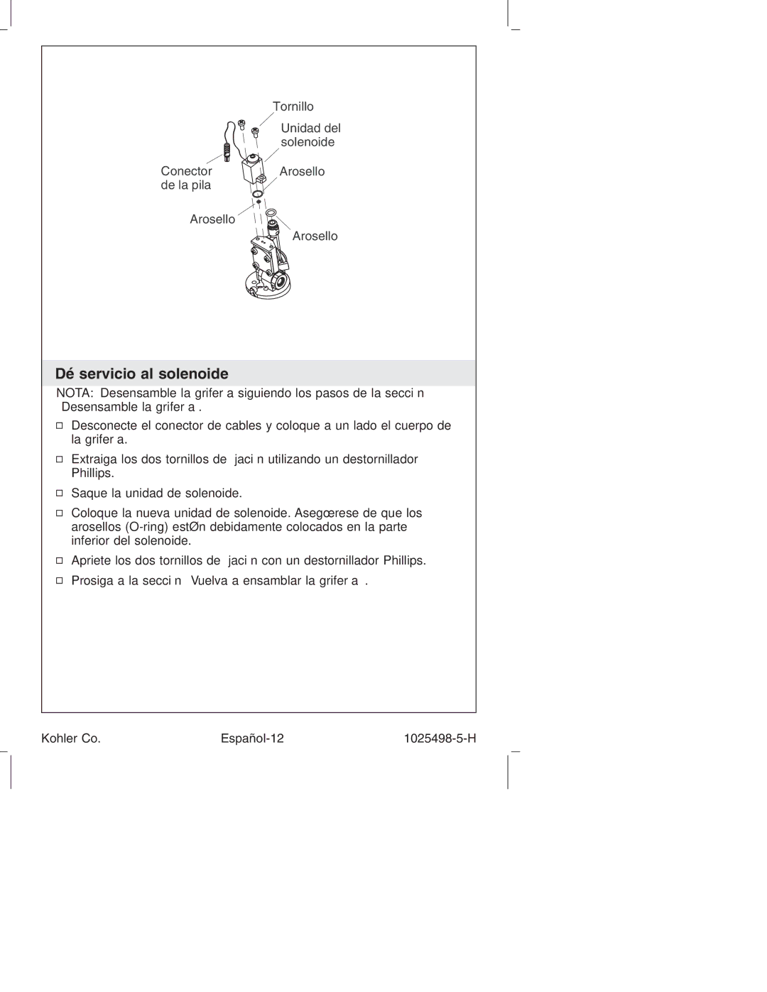 Kohler k-10951, k-10950 manual Dé servicio al solenoide 