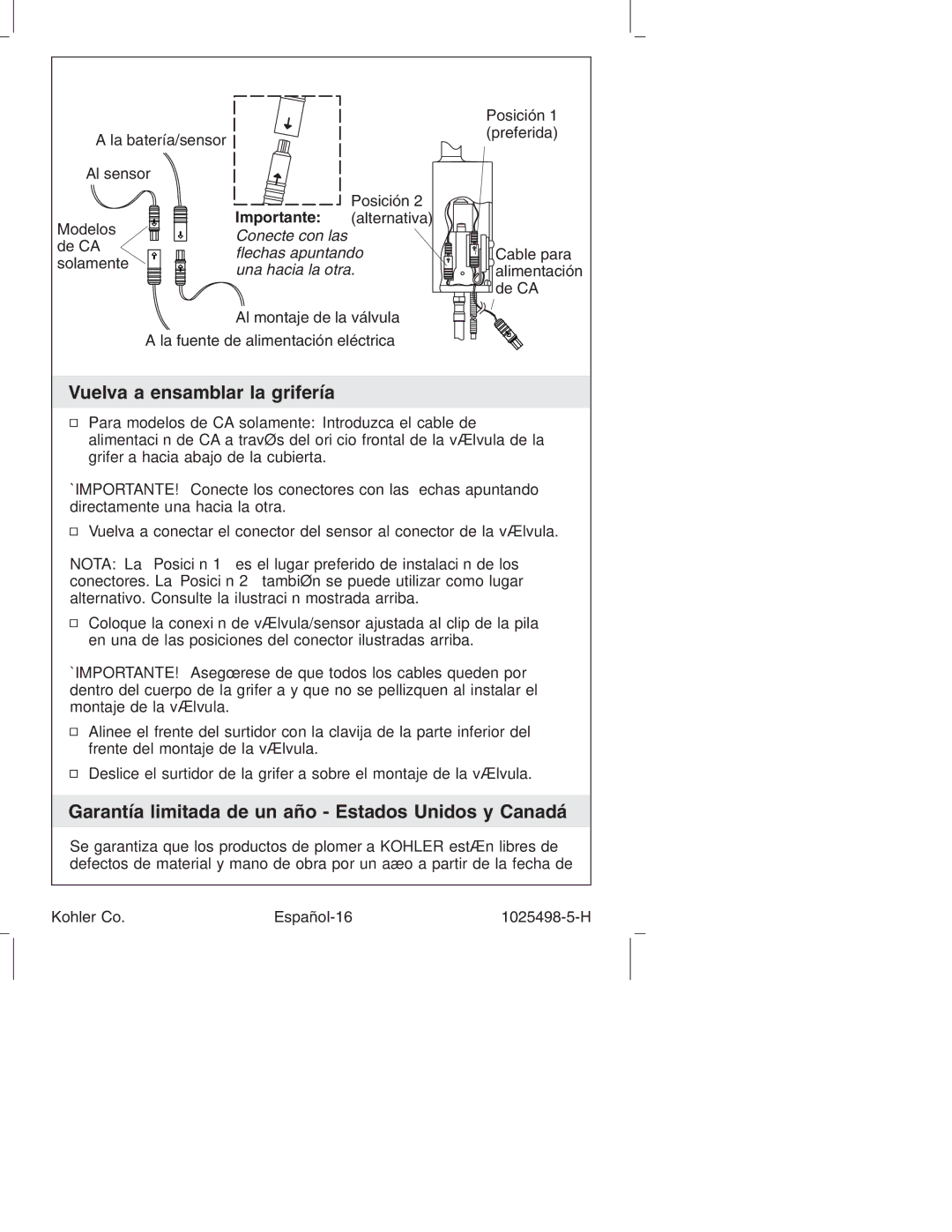 Kohler k-10951, k-10950 Vuelva a ensamblar la grifería, Garantía limitada de un año Estados Unidos y Canadá, Importante 
