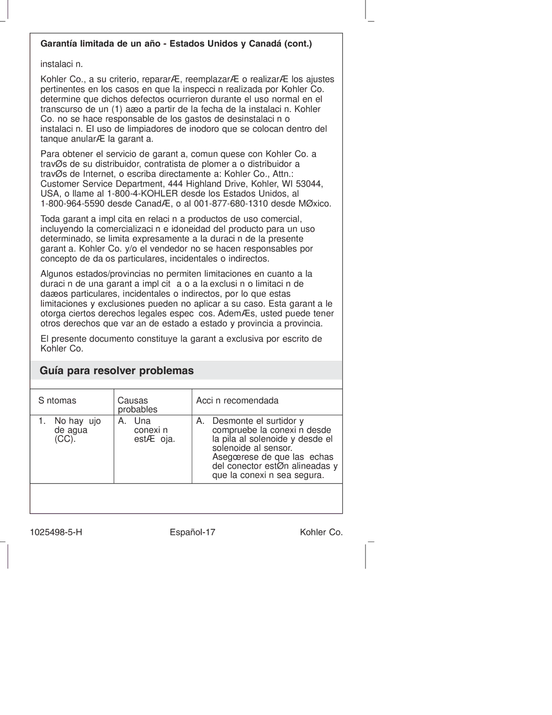 Kohler k-10950, k-10951 manual Guía para resolver problemas, Garantía limitada de un año Estados Unidos y Canadá 