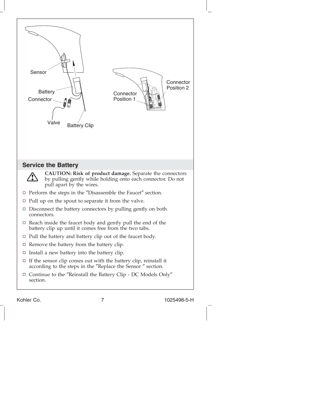 Kohler k-10951, k-10950 manual Service the Battery 