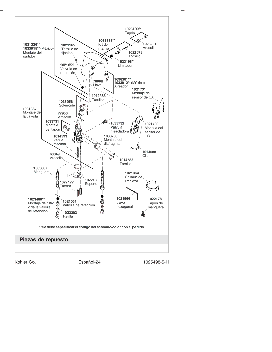 Kohler k-10951, k-10950 manual Piezas de repuesto, 1023486 1021051 1021966 1022178 