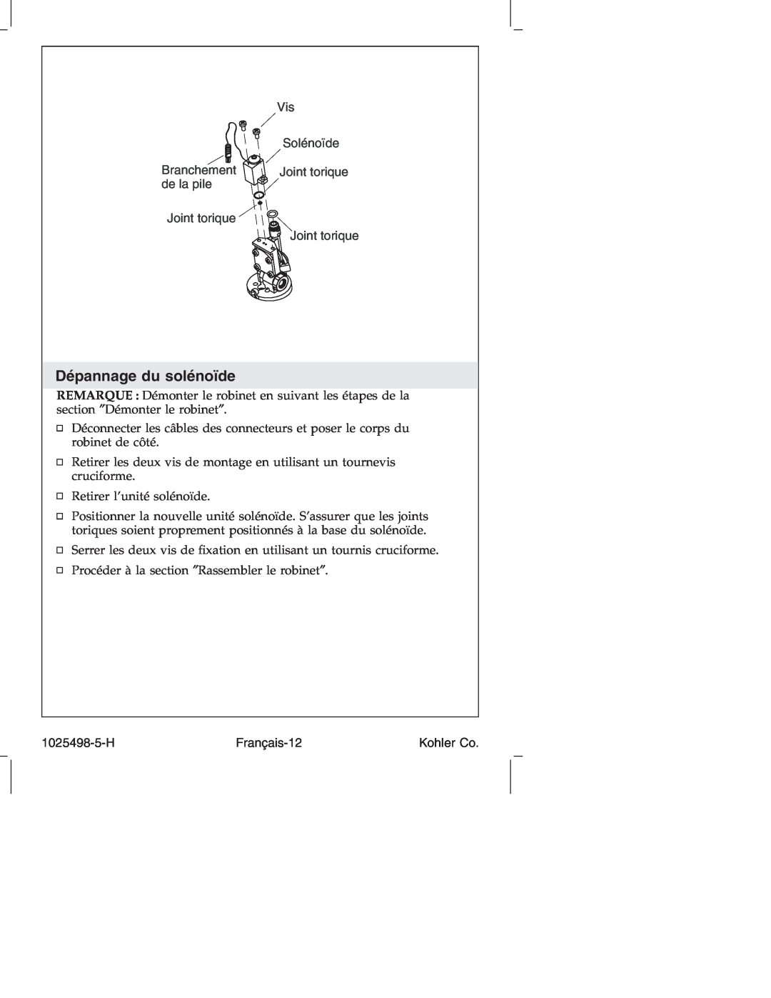 Kohler k-10950, k-10951 manual Dépannage du solénoïde, Solénoïde, Branchement, Joint torique, de la pile 