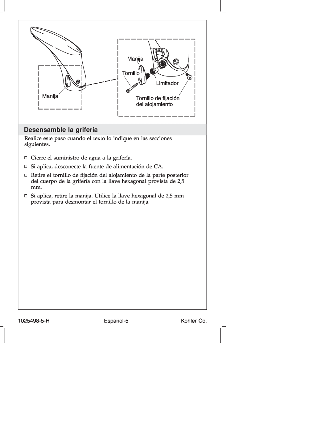 Kohler k-10950, k-10951 manual Desensamble la grifería 
