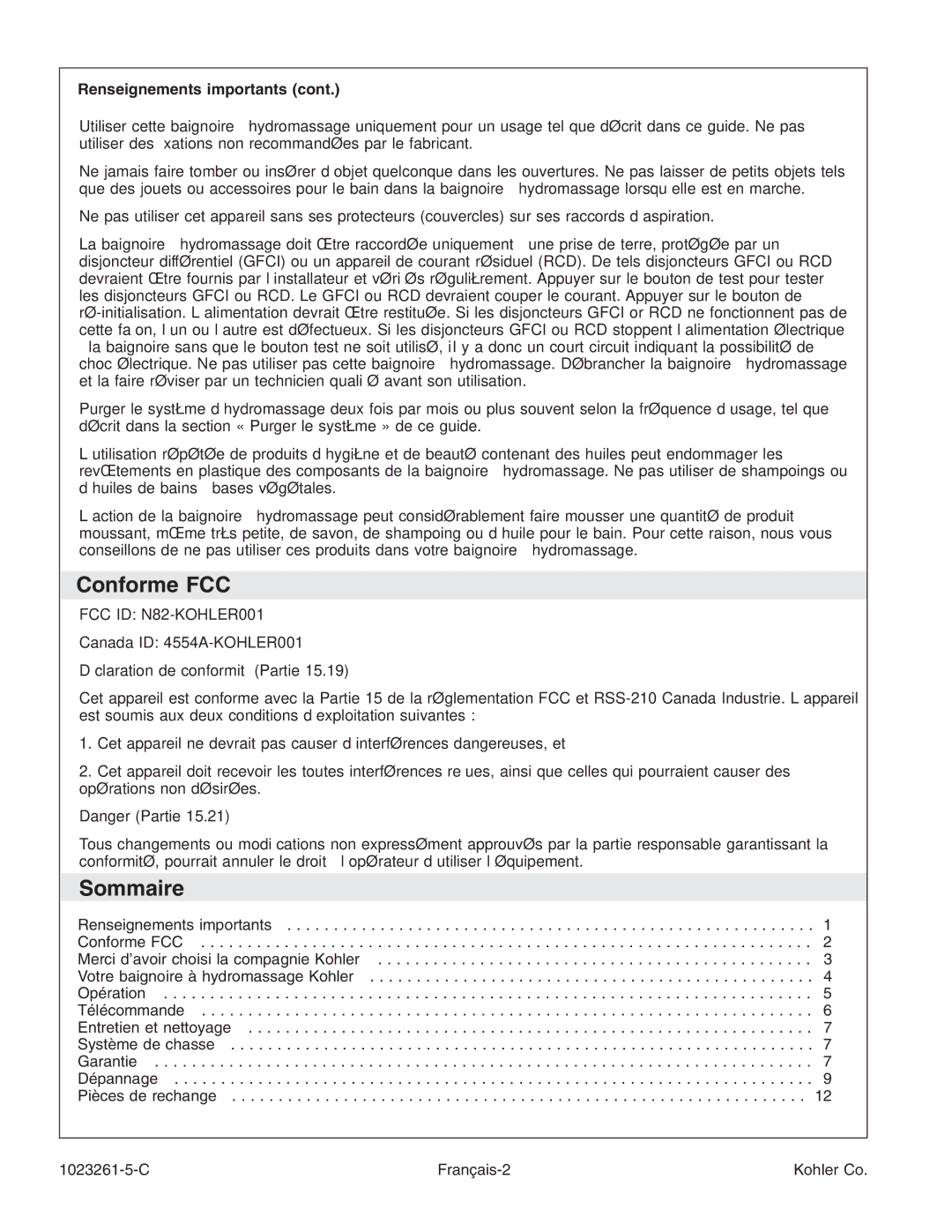 Kohler K-1110-CT manual Conforme FCC, Sommaire, Renseignements importants 