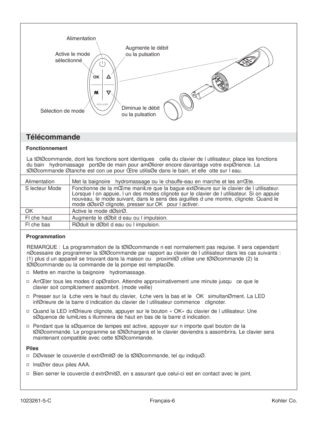 Kohler K-1110-CT manual Télécommande, Fonctionnement, Sélecteur Mode, Programmation, Piles 