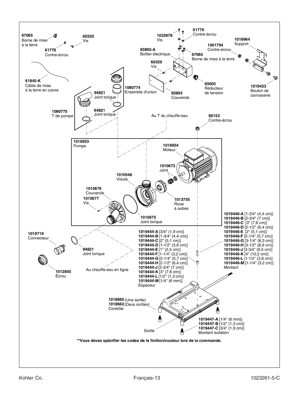 Kohler K-1110-CT manual Kohler Co Français-13 1023261-5-C, 1019719 