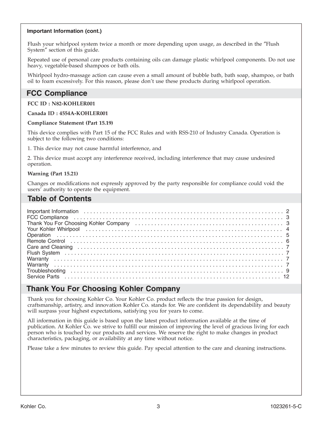 Kohler K-1110-CT manual FCC Compliance, Table of Contents, Thank You For Choosing Kohler Company 