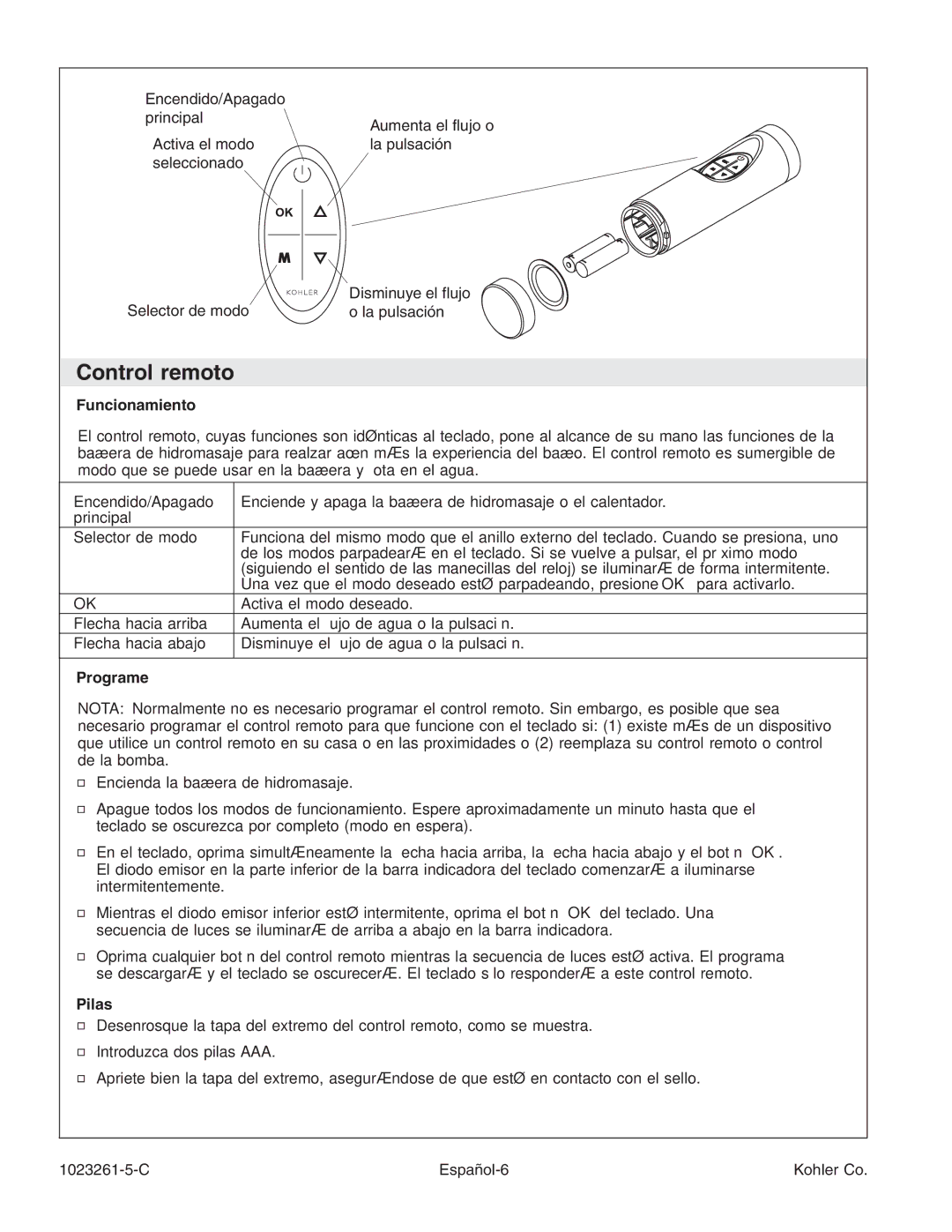 Kohler K-1110-CT manual Control remoto, Funcionamiento, Principal Selector de modo, Programe, Pilas 