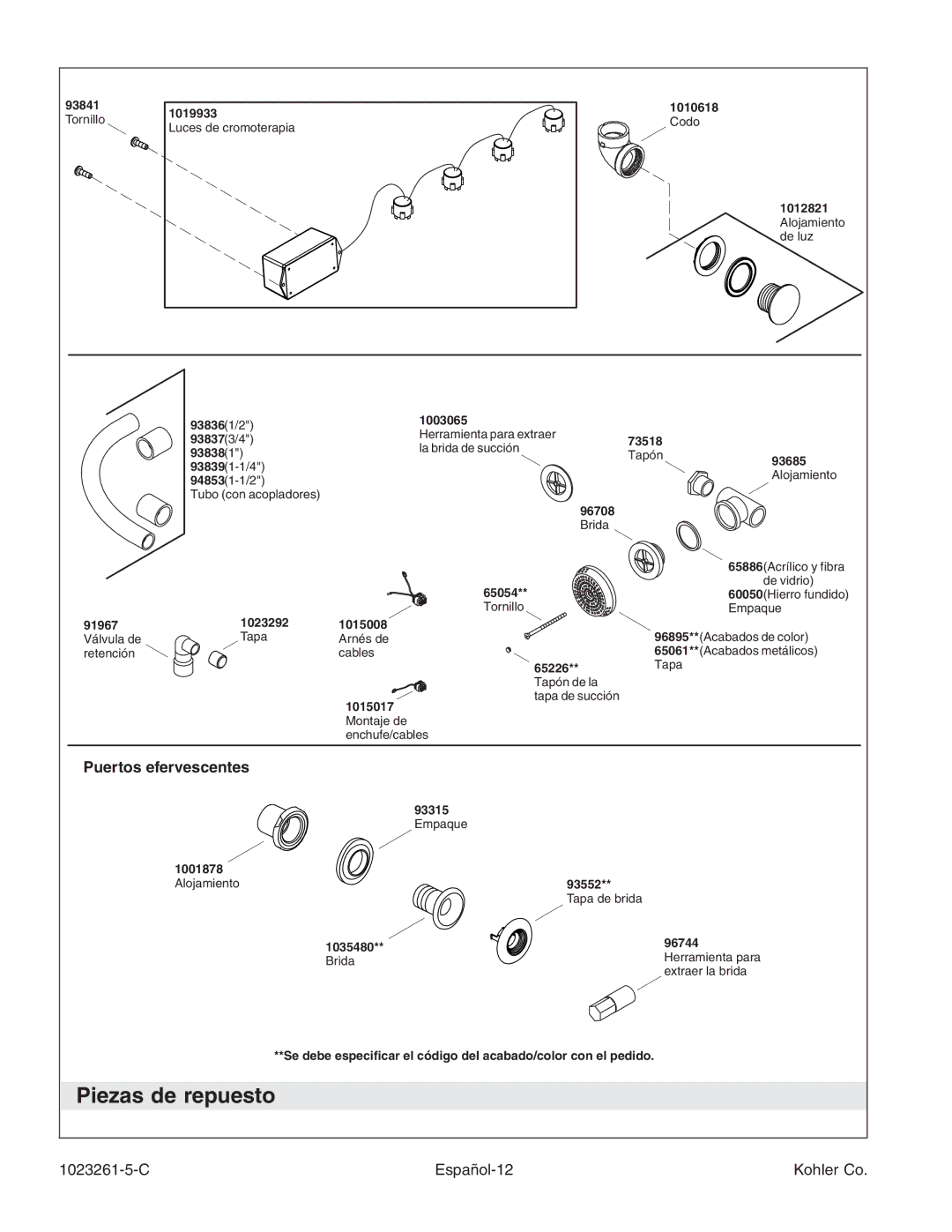 Kohler K-1110-CT manual Piezas de repuesto, Puertos efervescentes, C Español-12 Kohler Co 