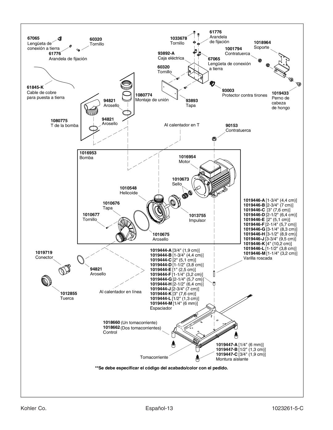 Kohler K-1110-CT manual Kohler Co Español-13 1023261-5-C 