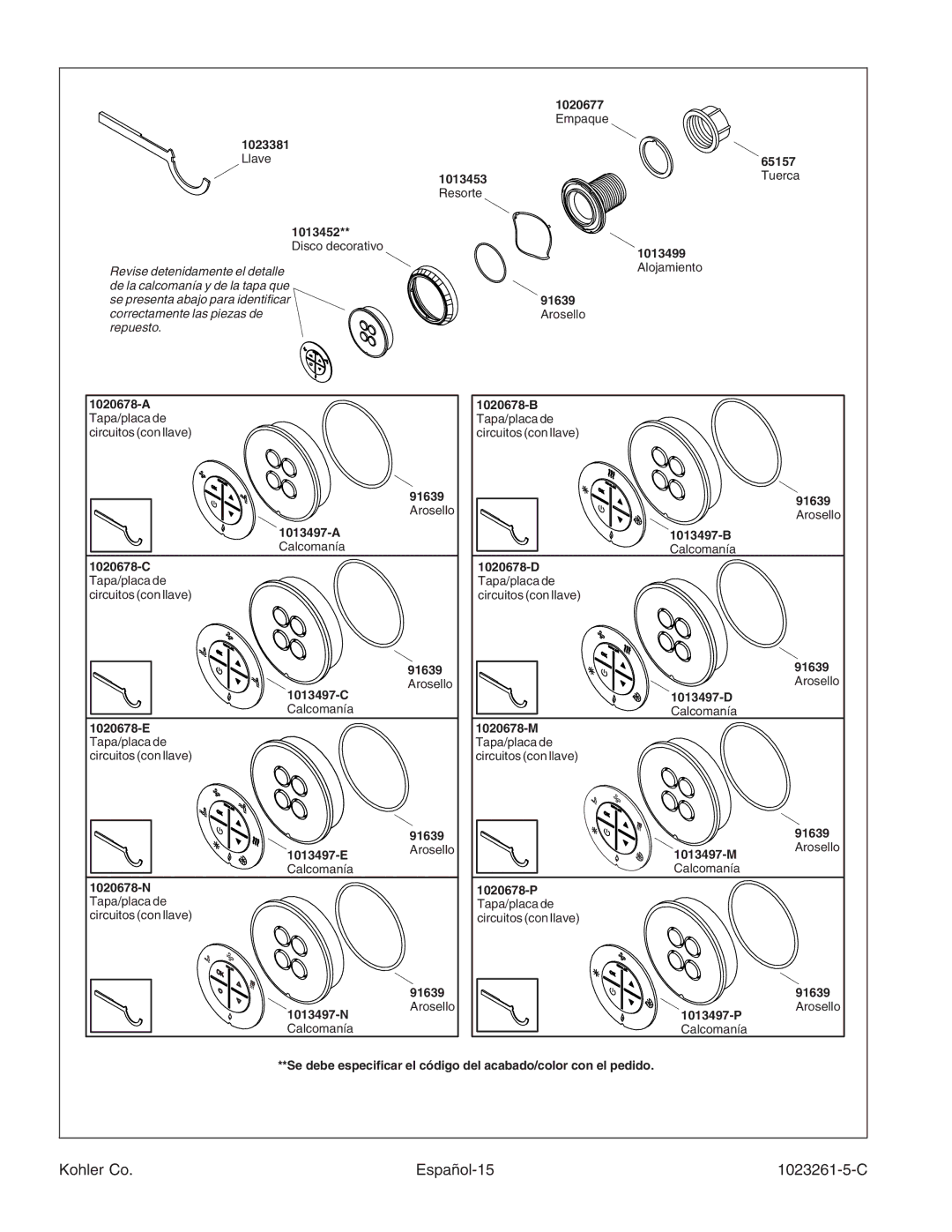 Kohler K-1110-CT manual Kohler Co Español-15 1023261-5-C, Disco decorativo 1013499 