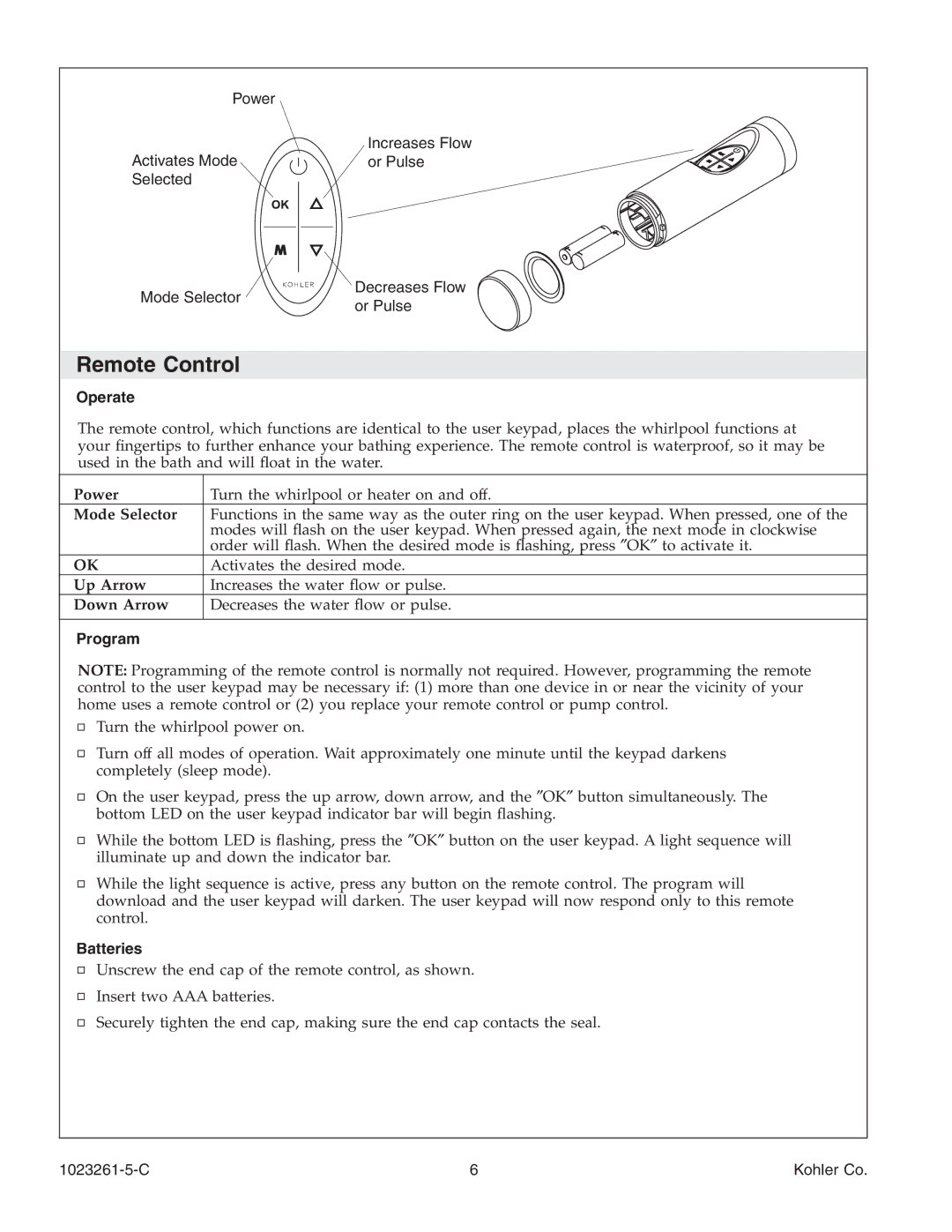 Kohler K-1110-CT manual Remote Control, Operate, Mode Selector, Program, Batteries 