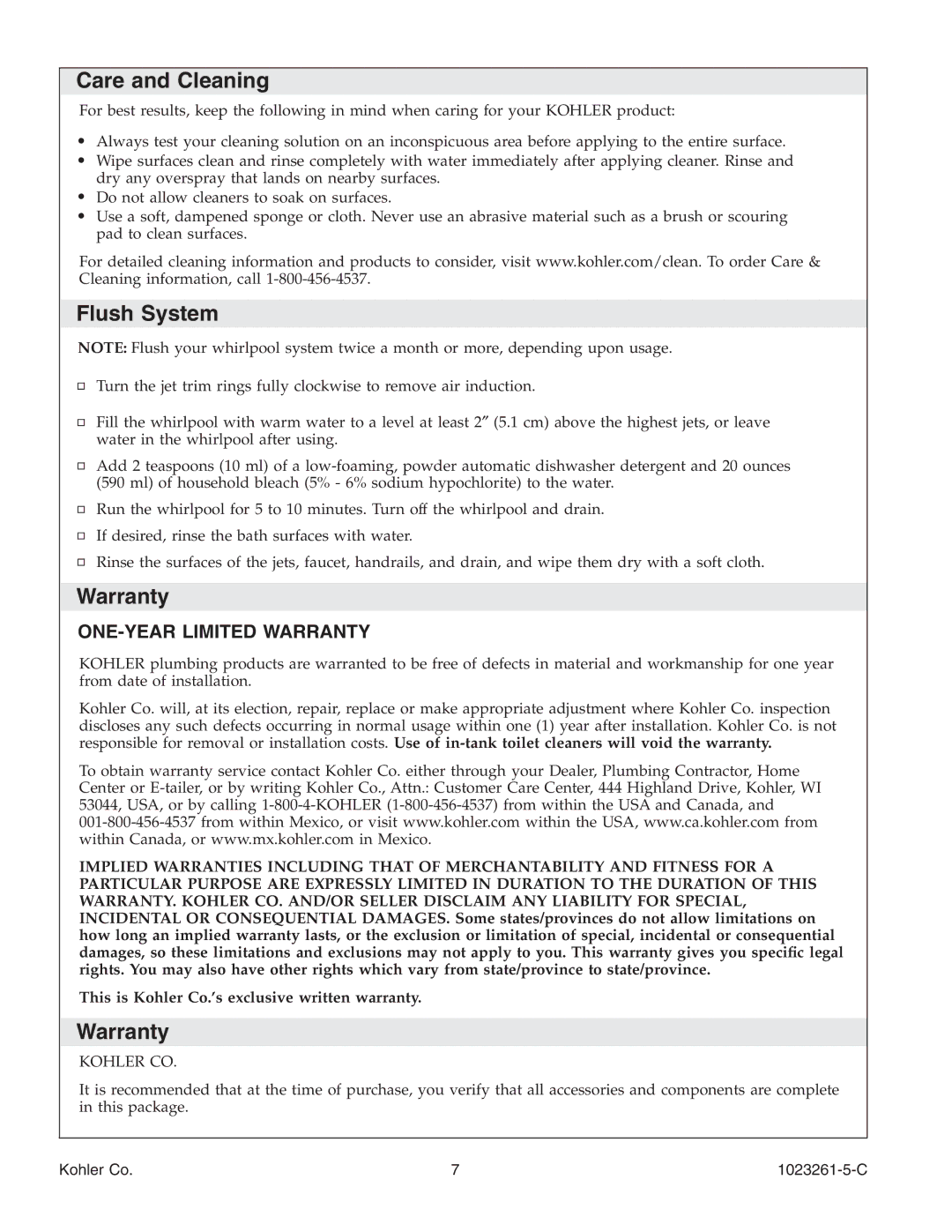 Kohler K-1110-CT manual Care and Cleaning, Flush System, Warranty 