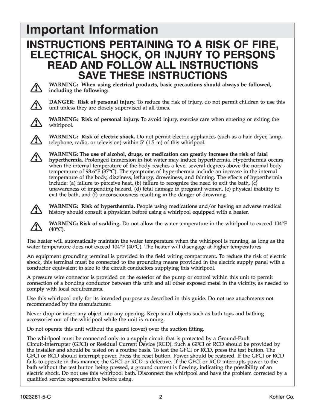 Kohler K-1110-CT manual Important Information, Save These Instructions 