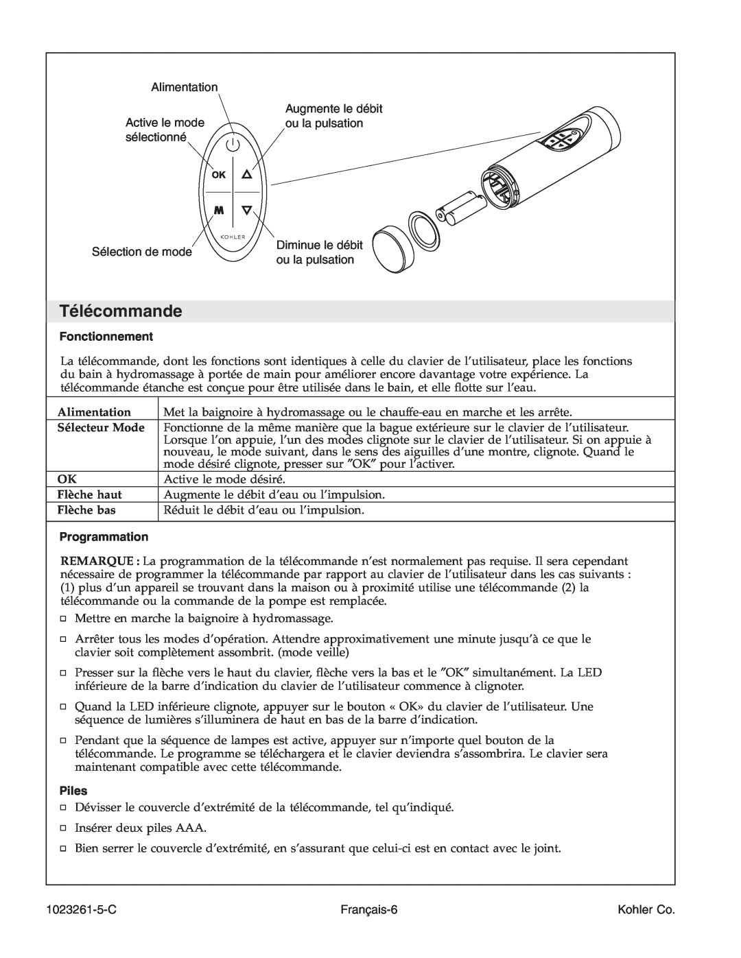 Kohler K-1110-CT manual Télécommande, Fonctionnement, Programmation, Piles 