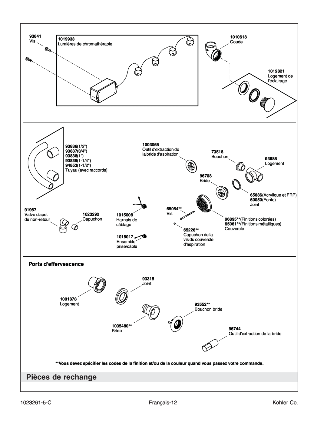 Kohler K-1110-CT manual Pièces de rechange, Ports deffervescence 