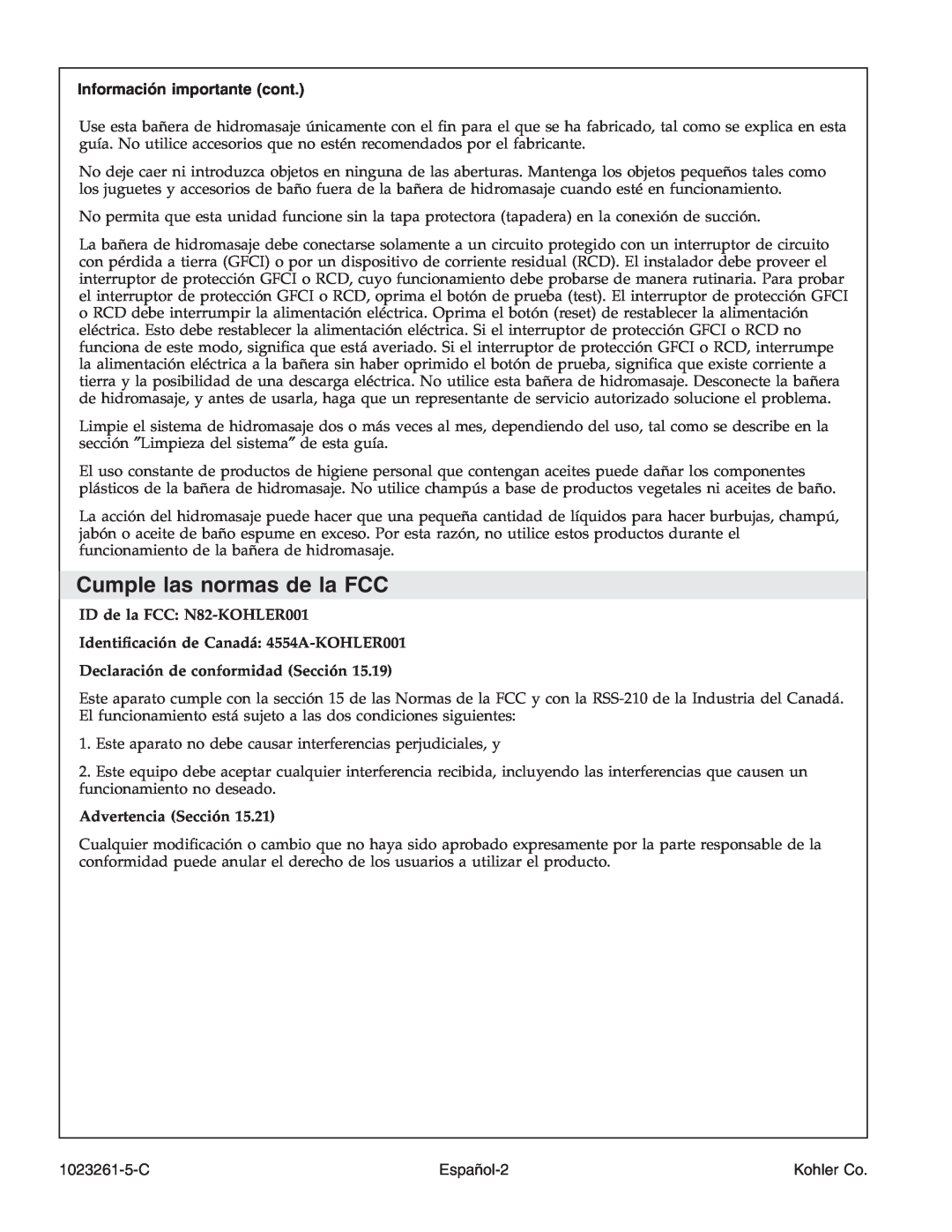 Kohler K-1110-CT manual Cumple las normas de la FCC, Información importante cont, Declaración de conformidad Sección 