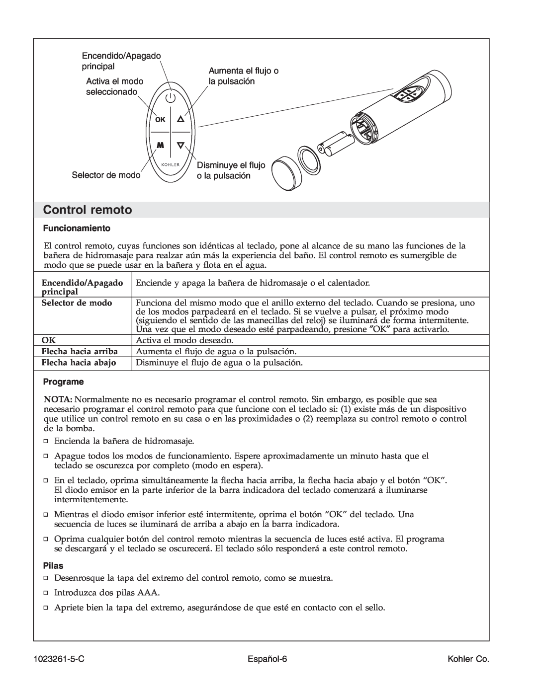 Kohler K-1110-CT manual Control remoto, Funcionamiento, Programe, Pilas 