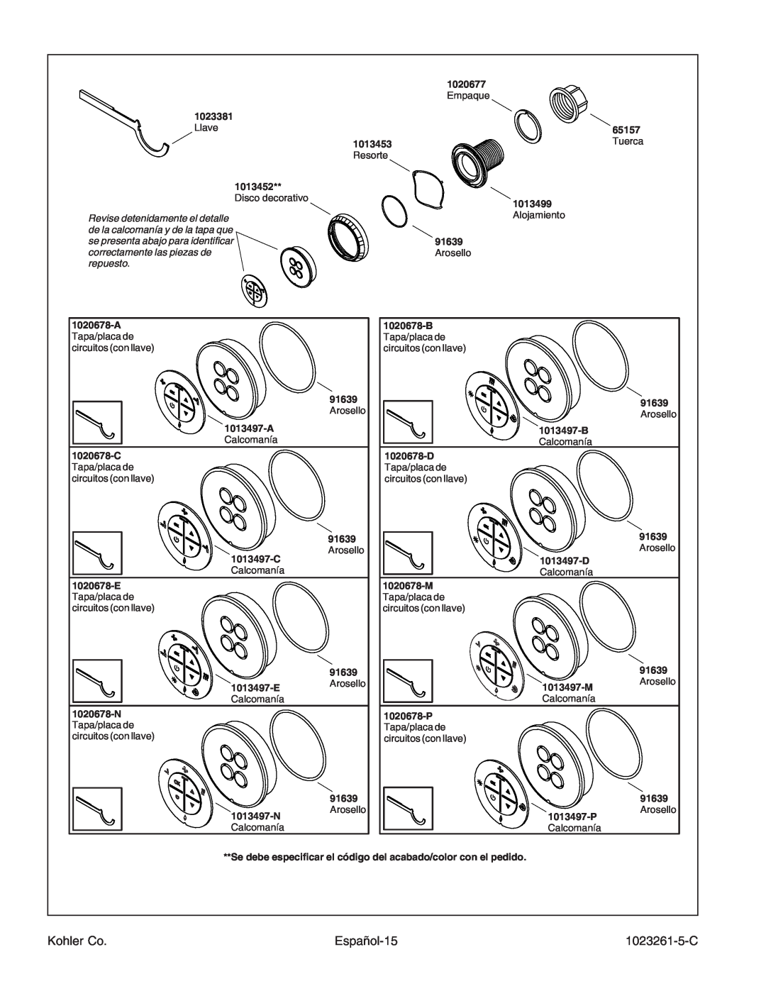 Kohler K-1110-CT manual A Tapa/placa de circuitos con llave 