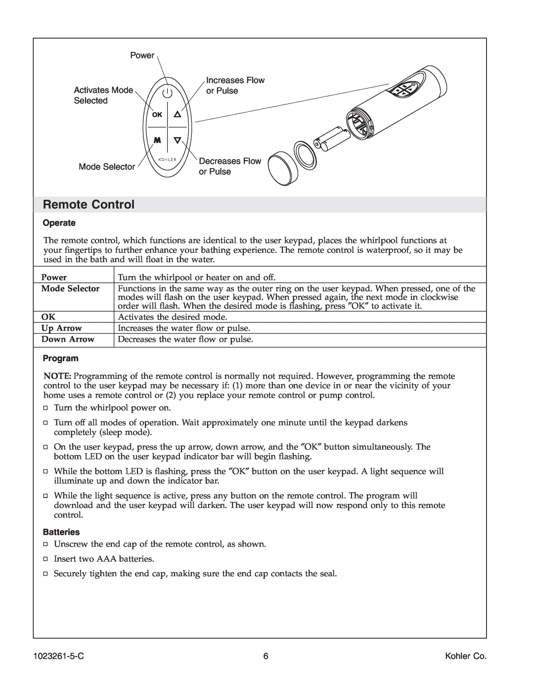 Kohler K-1110-CT manual Remote Control, Operate, Program, Batteries 