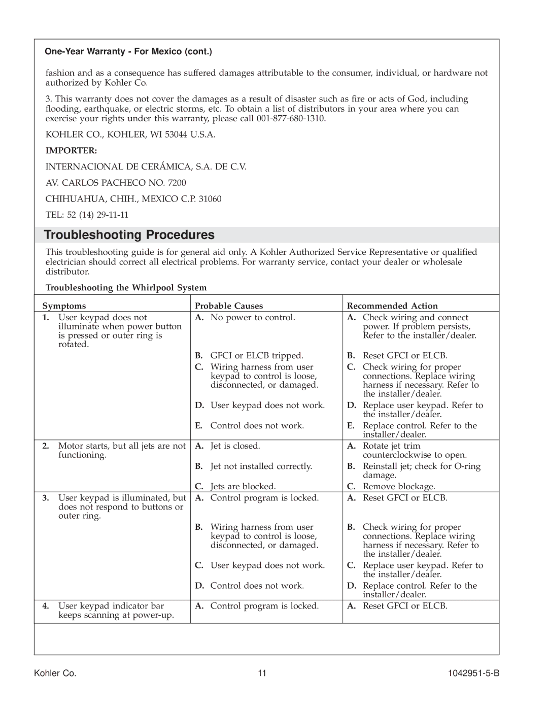 Kohler K-1111 manual Troubleshooting Procedures, One-Year Warranty For Mexico 