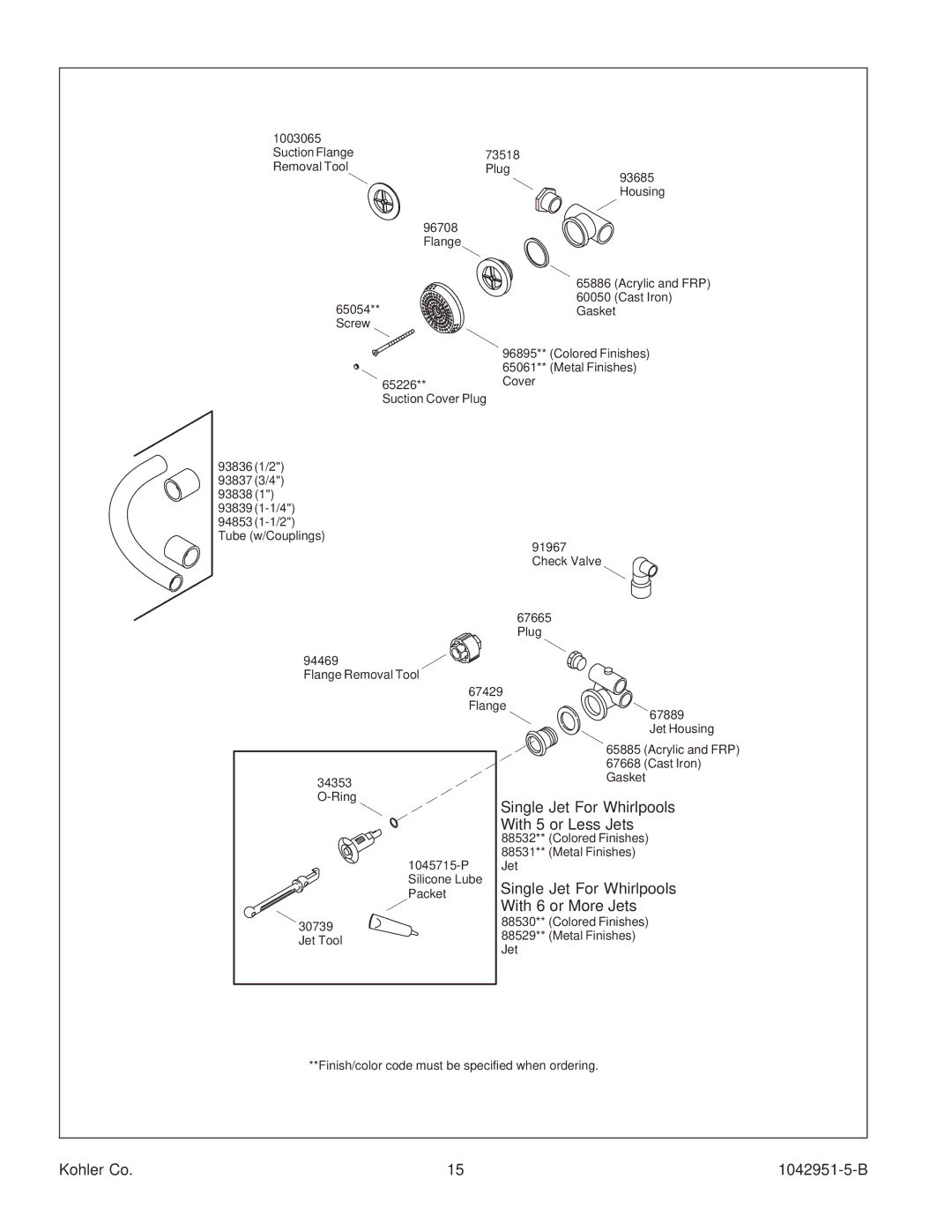 Kohler K-1111 manual Single Jet For Whirlpools, With 5 or Less Jets, With 6 or More Jets 