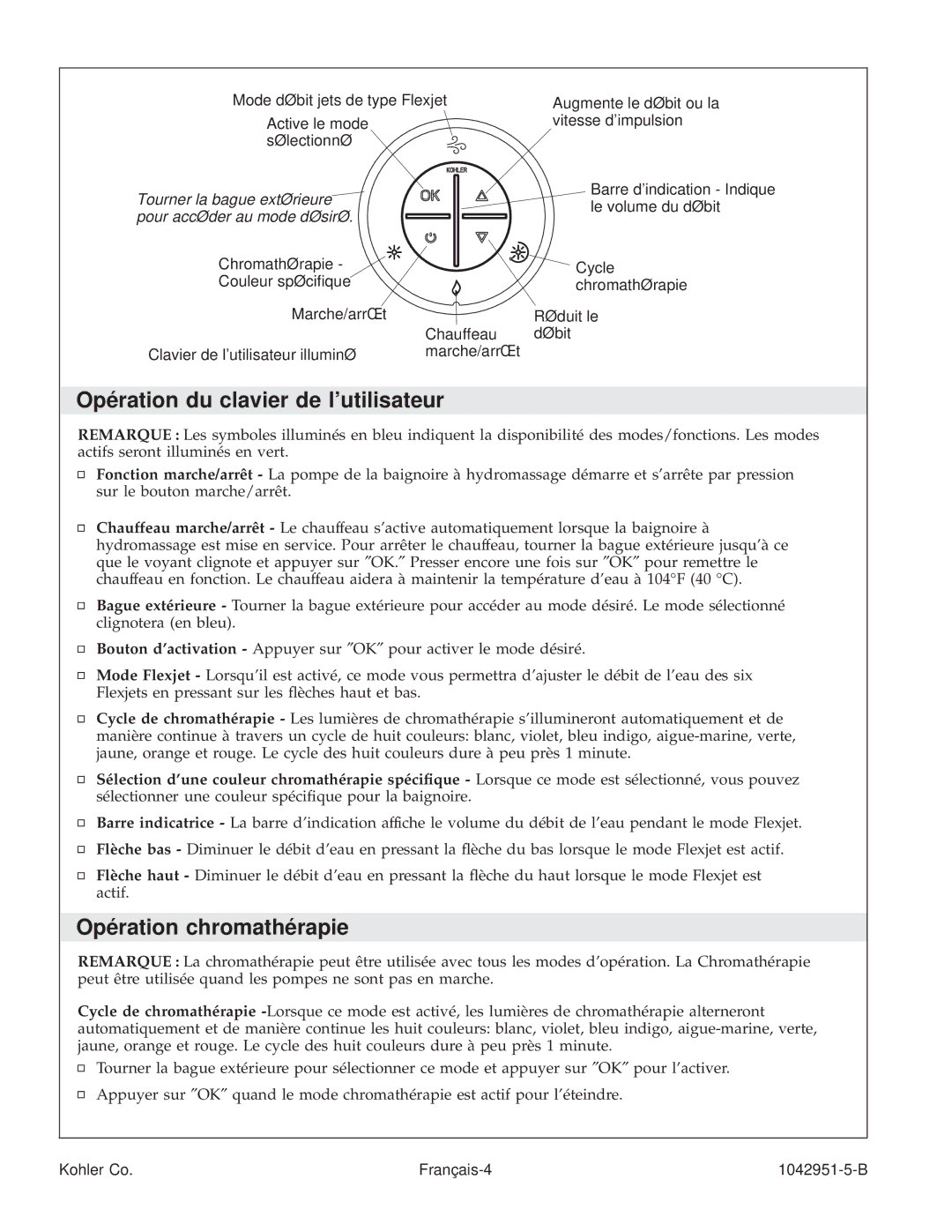 Kohler K-1111 manual Opération du clavier de lutilisateur, Opération chromathérapie, Clavier de lutilisateur illuminé 