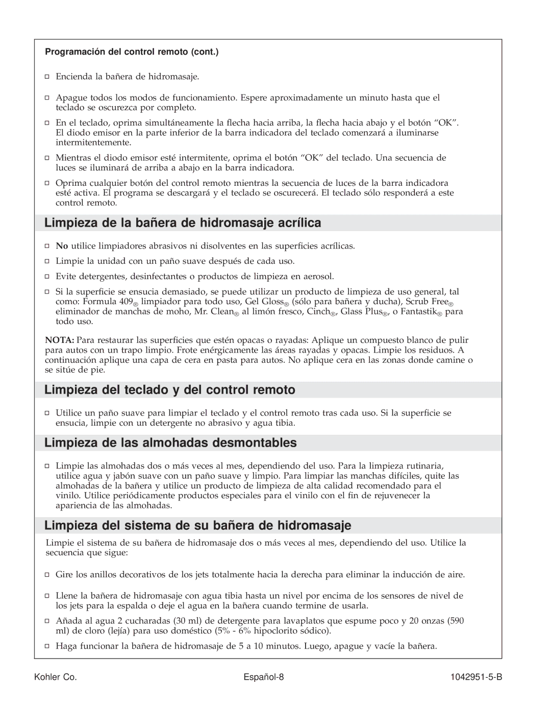 Kohler K-1111 manual Limpieza de la bañera de hidromasaje acrílica, Limpieza del teclado y del control remoto 