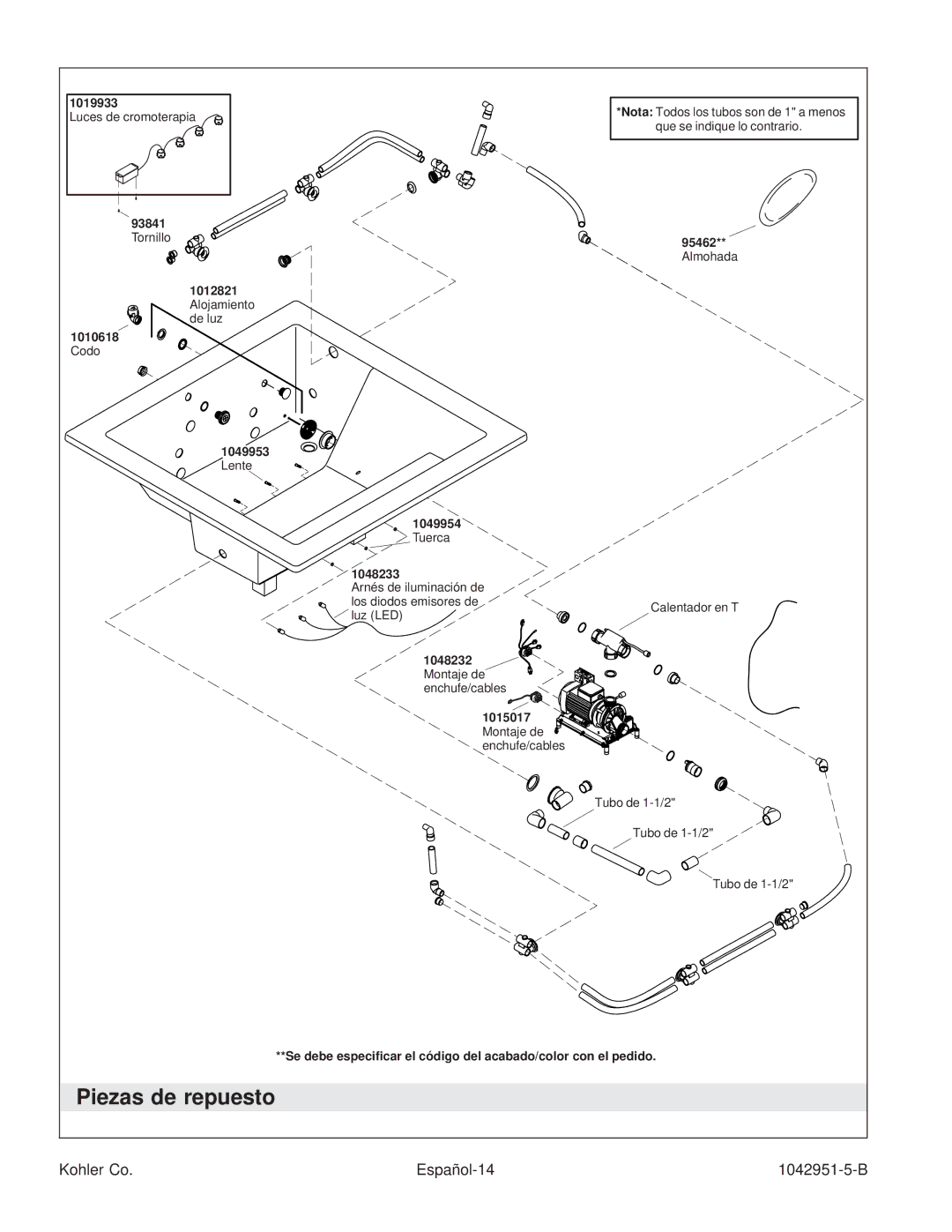 Kohler K-1111 manual Piezas de repuesto, Kohler Co Español-14 1042951-5-B 