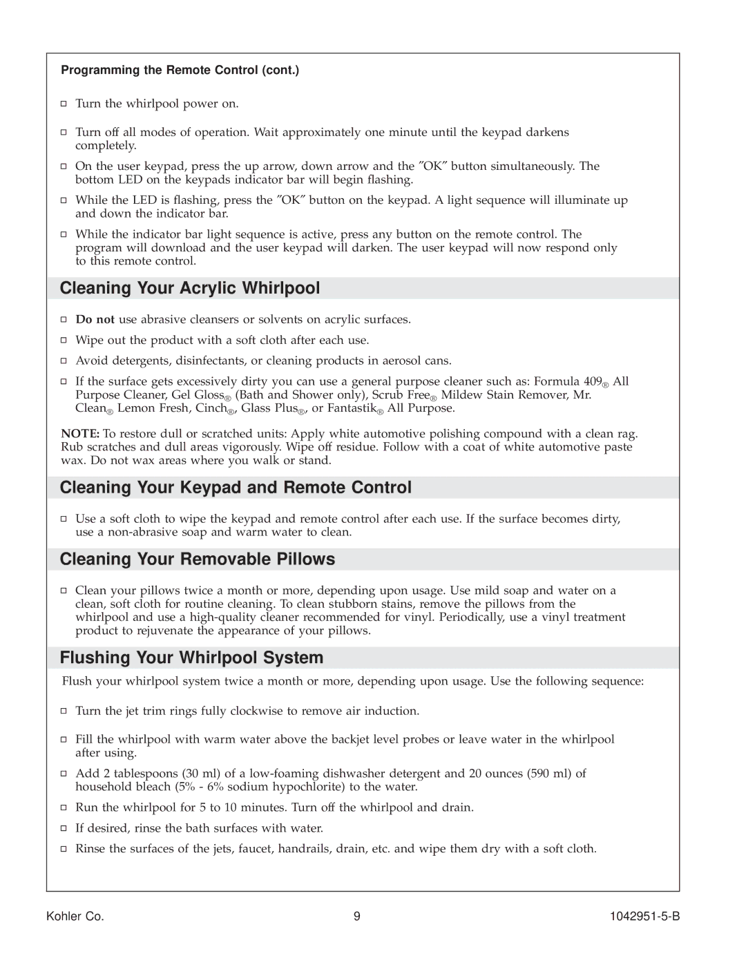 Kohler K-1111 Cleaning Your Acrylic Whirlpool, Cleaning Your Keypad and Remote Control, Cleaning Your Removable Pillows 