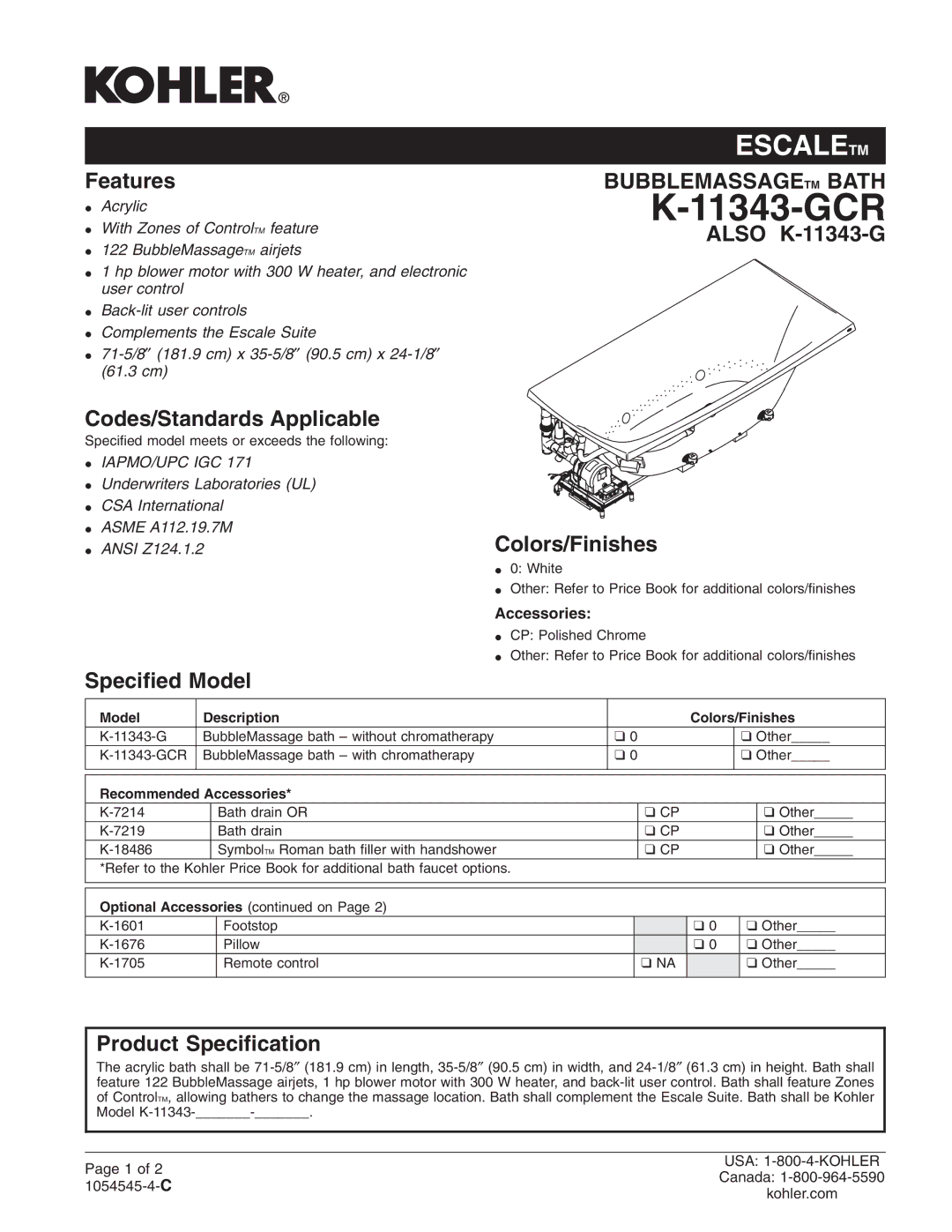 Kohler K-11343-GCR manual Features, Codes/Standards Applicable, Speciﬁed Model, Also K-11343-G Colors/Finishes 