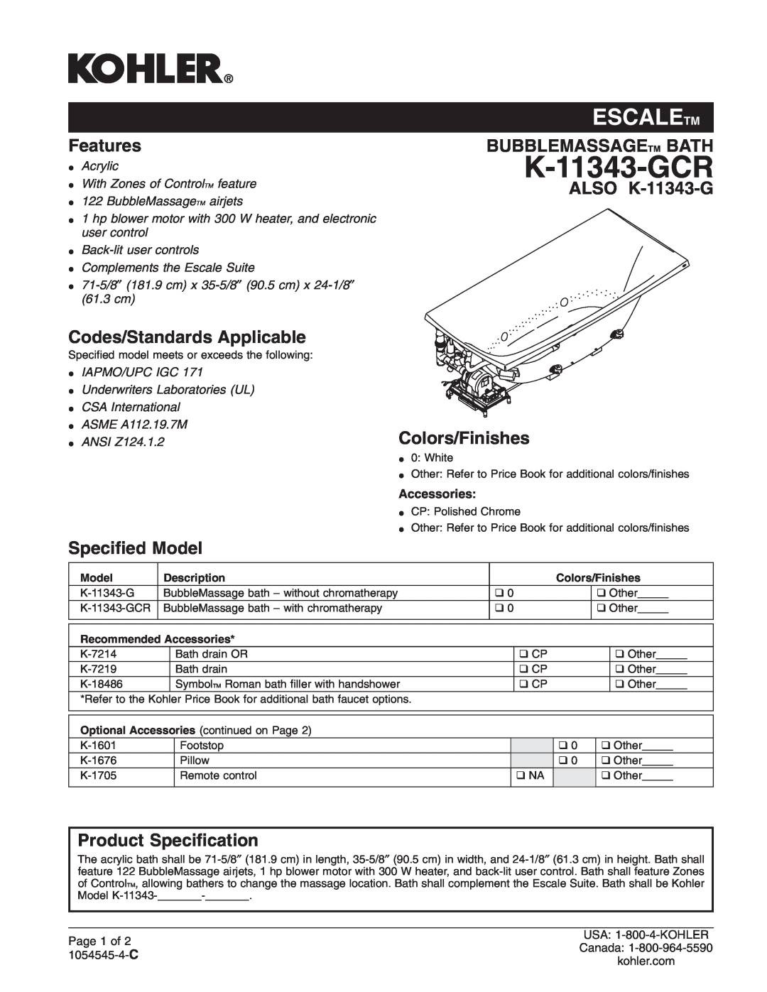 Kohler K-11343-G manual Escaletm, Features, Codes/Standards Applicable, Speciﬁed Model, Bubblemassagetm Bath, Page 1 of 