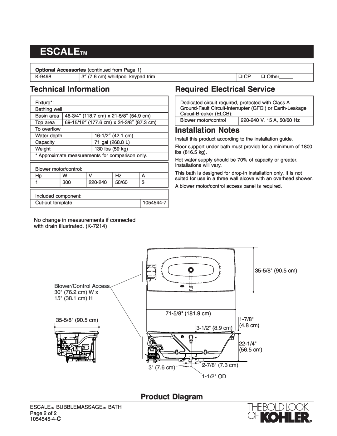 Kohler K-11343-GCR Technical Information, Required Electrical Service, Installation Notes, Product Diagram, 35-5/890.5 cm 