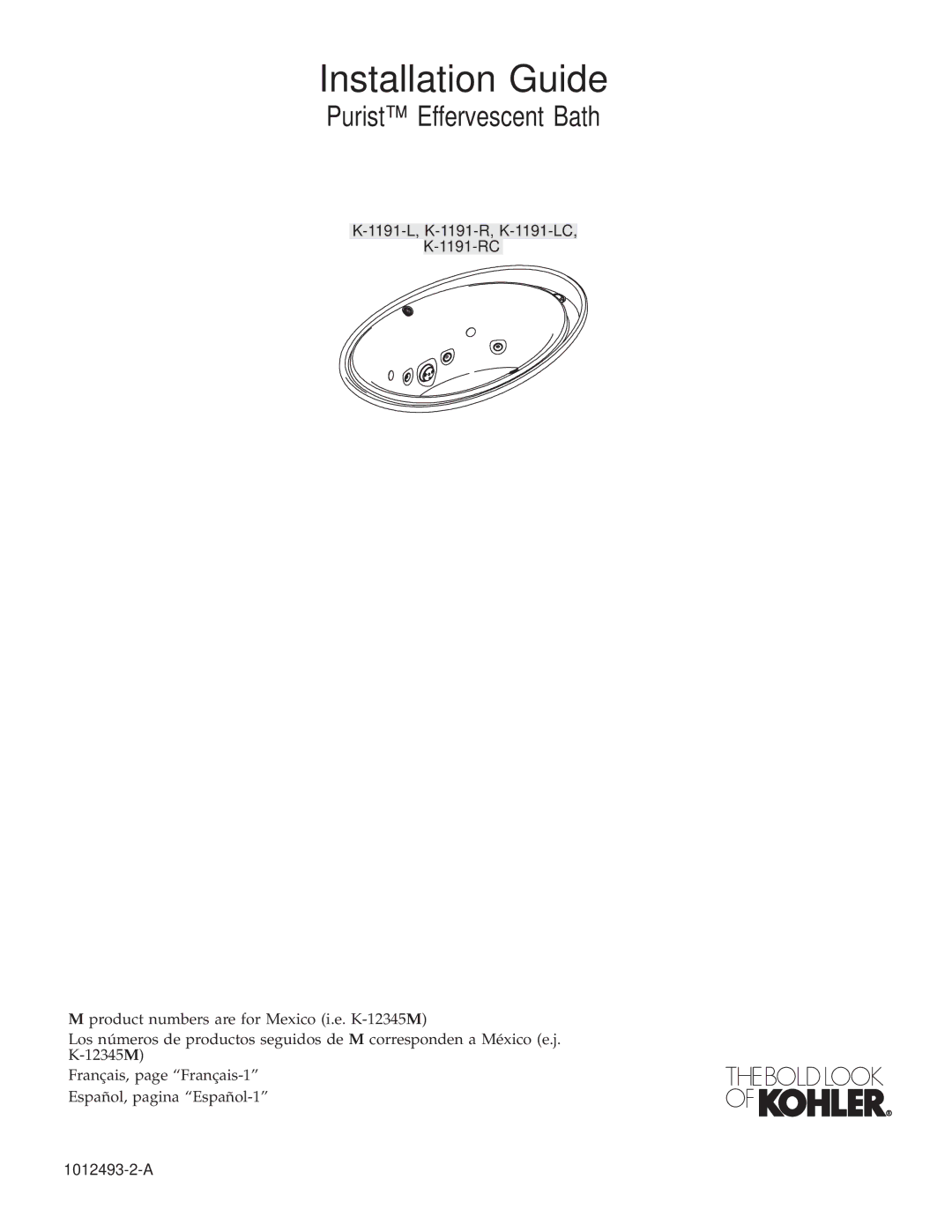 Kohler K1191-R, K-1191-RC, K1191-LC manual Installation Guide 