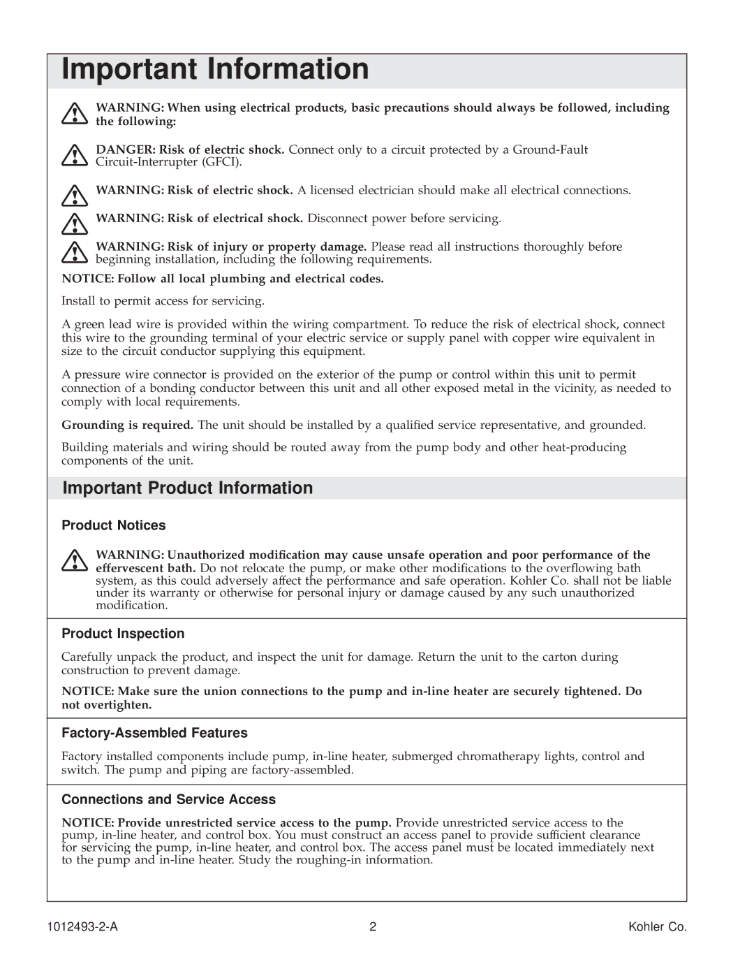 Kohler K1191-LC, K-1191-RC Important Product Information, Product Notices Product Inspection, Factory-Assembled Features 