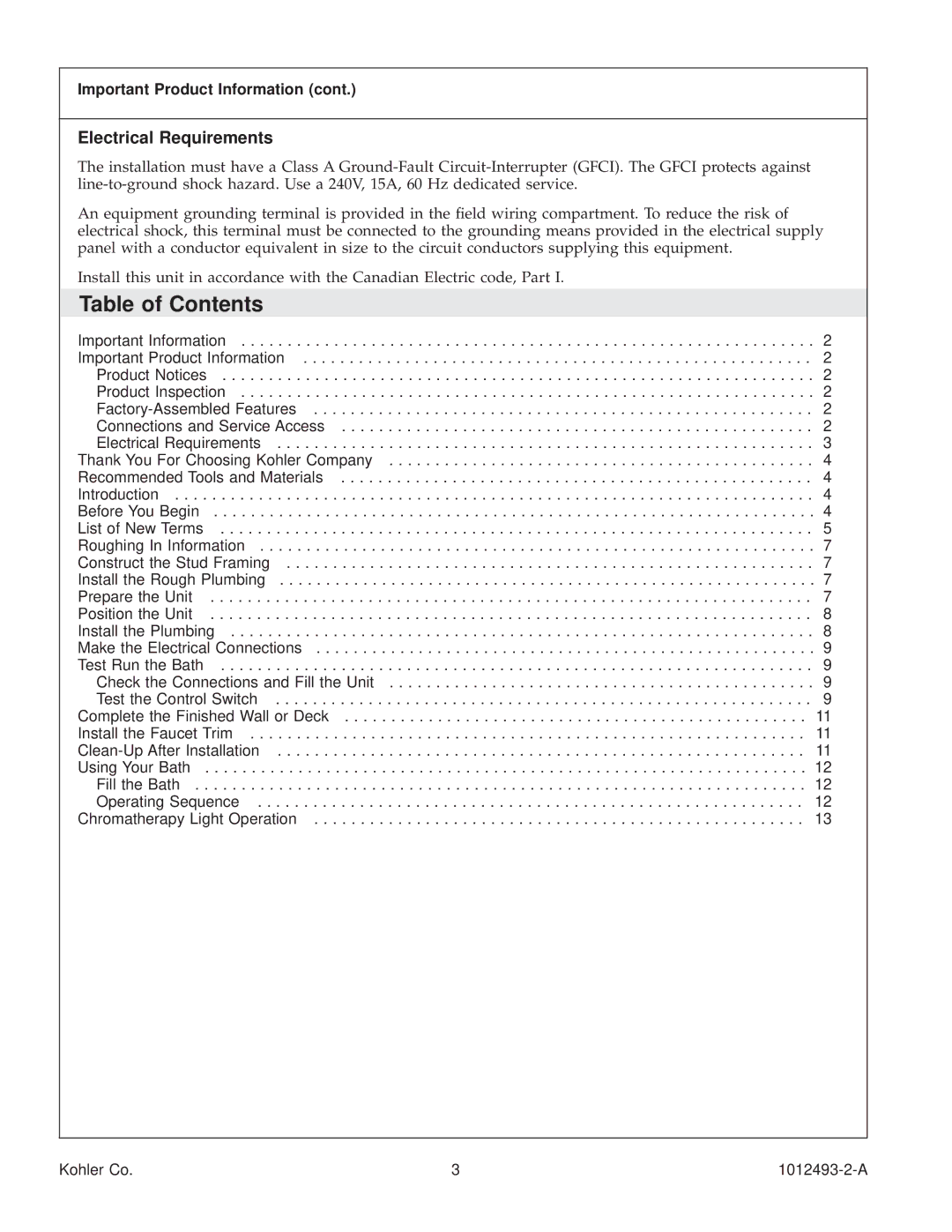 Kohler K-1191-RC, K1191-R, K1191-LC manual Table of Contents 