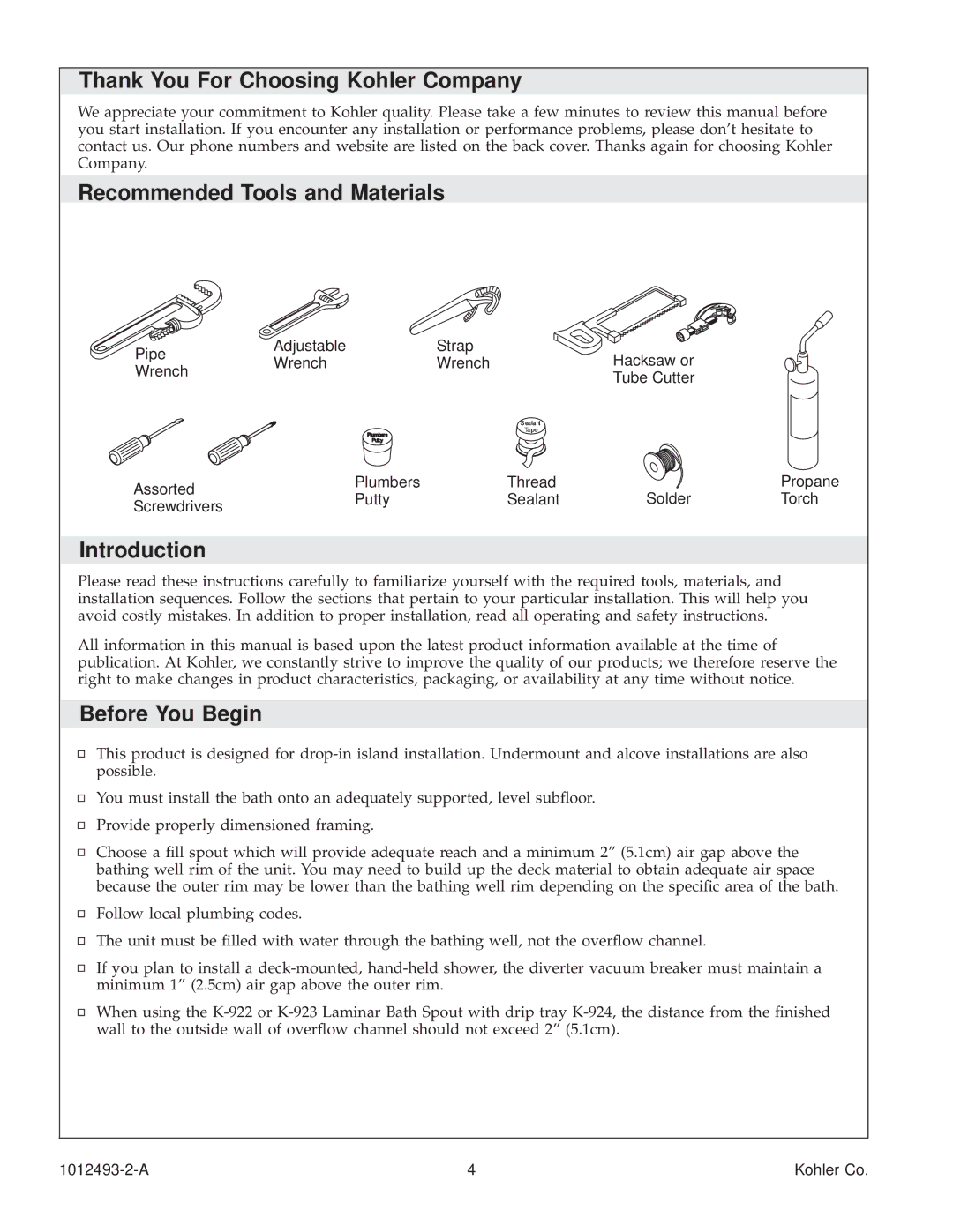 Kohler K-1191-RC Thank You For Choosing Kohler Company, Recommended Tools and Materials, Introduction, Before You Begin 