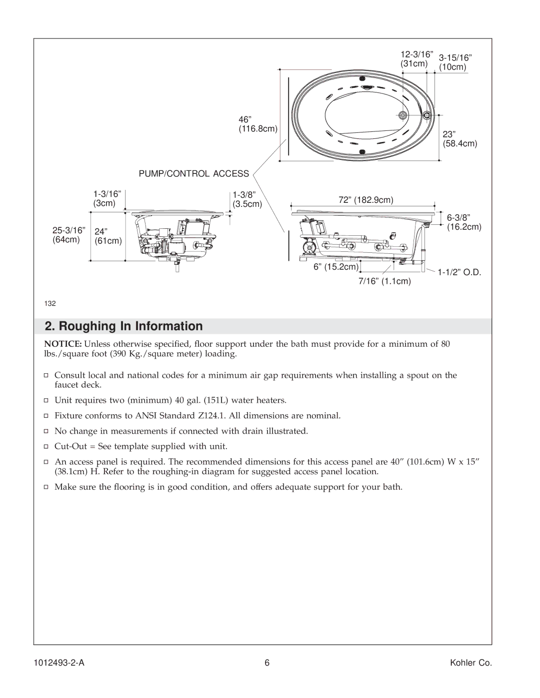 Kohler K1191-LC, K-1191-RC, K1191-R manual Roughing In Information, PUMP/CONTROL Access 