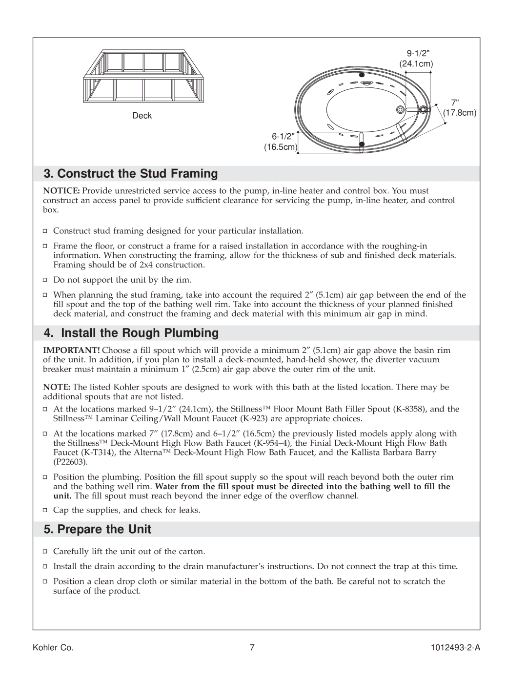 Kohler K-1191-RC, K1191-R, K1191-LC manual Construct the Stud Framing, Install the Rough Plumbing, Prepare the Unit 