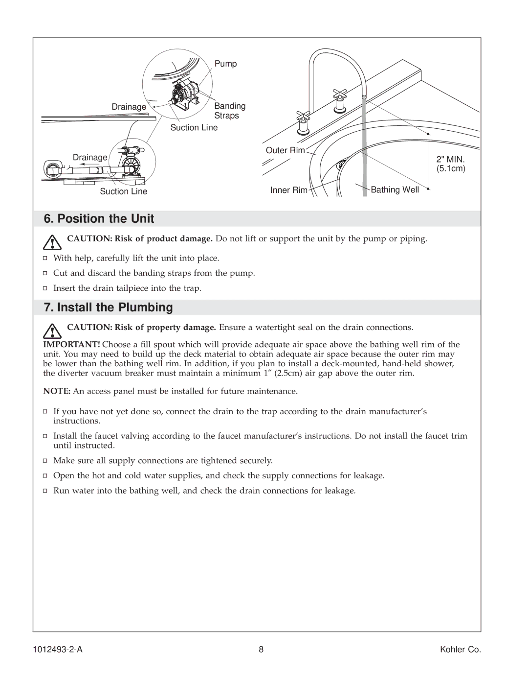 Kohler K-1191-RC, K1191-R, K1191-LC manual Position the Unit, Install the Plumbing 