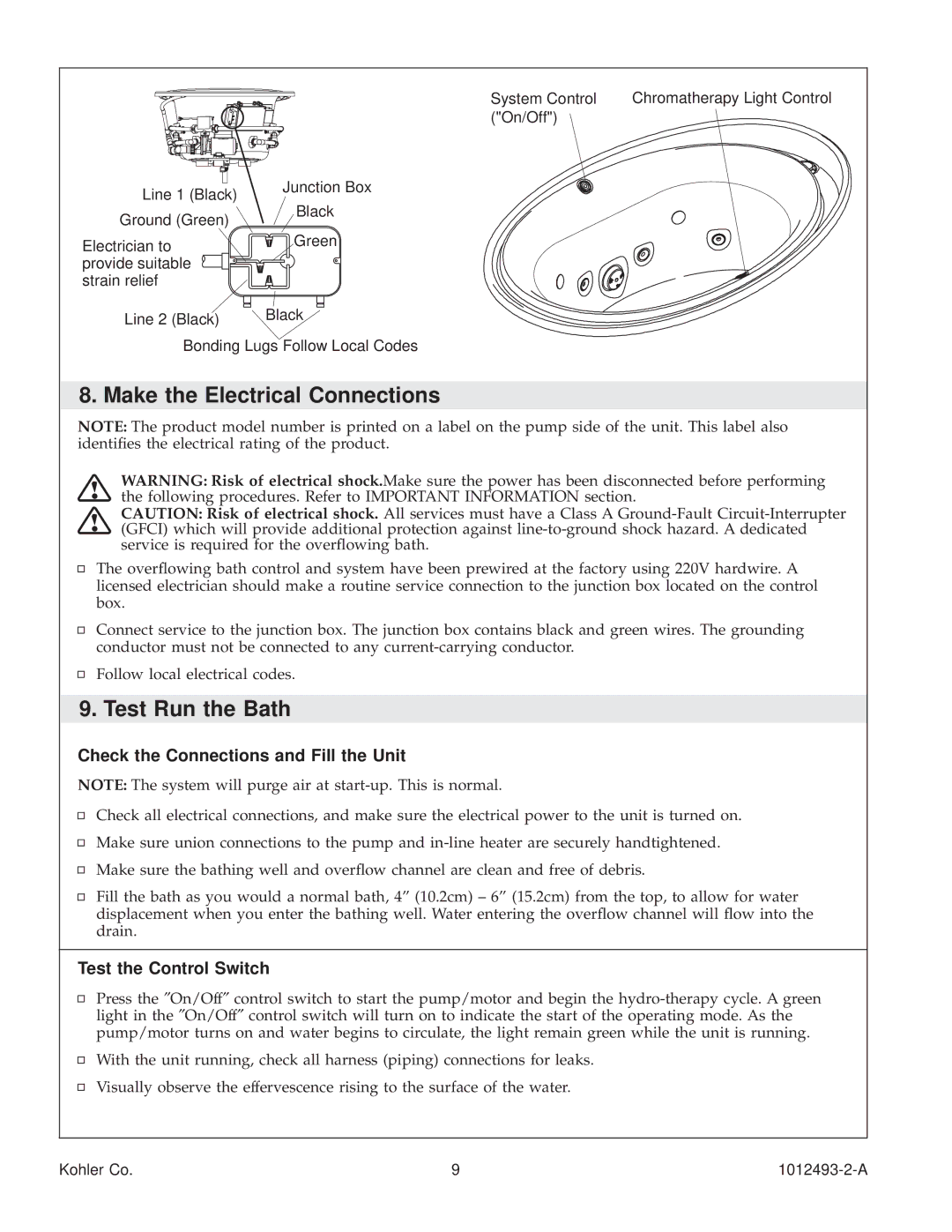 Kohler K1191-R, K-1191-RC manual Make the Electrical Connections, Test Run the Bath, Check the Connections and Fill the Unit 