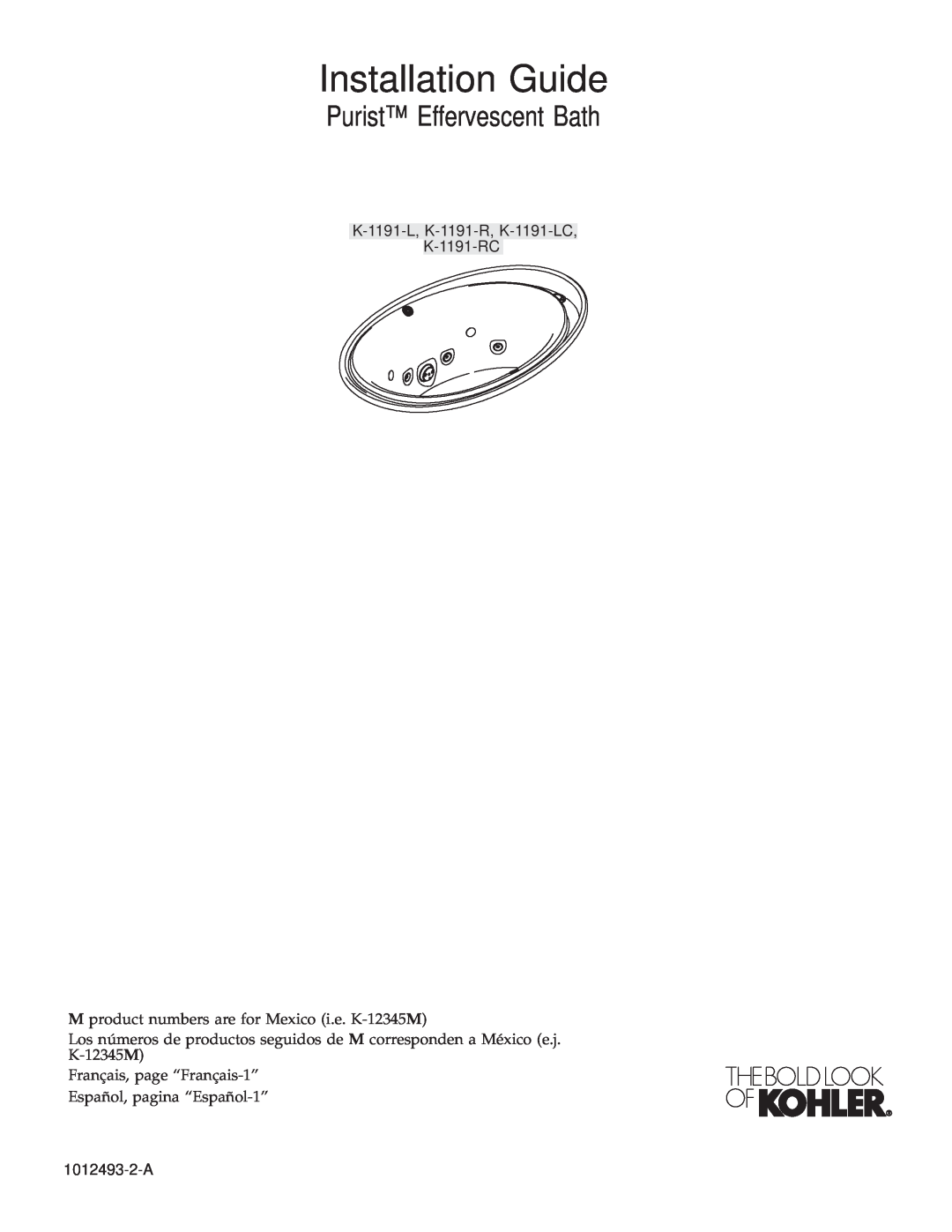 Kohler K1191-R, K-1191-RC, K1191-LC manual Installation Guide, Purist Effervescent Bath 