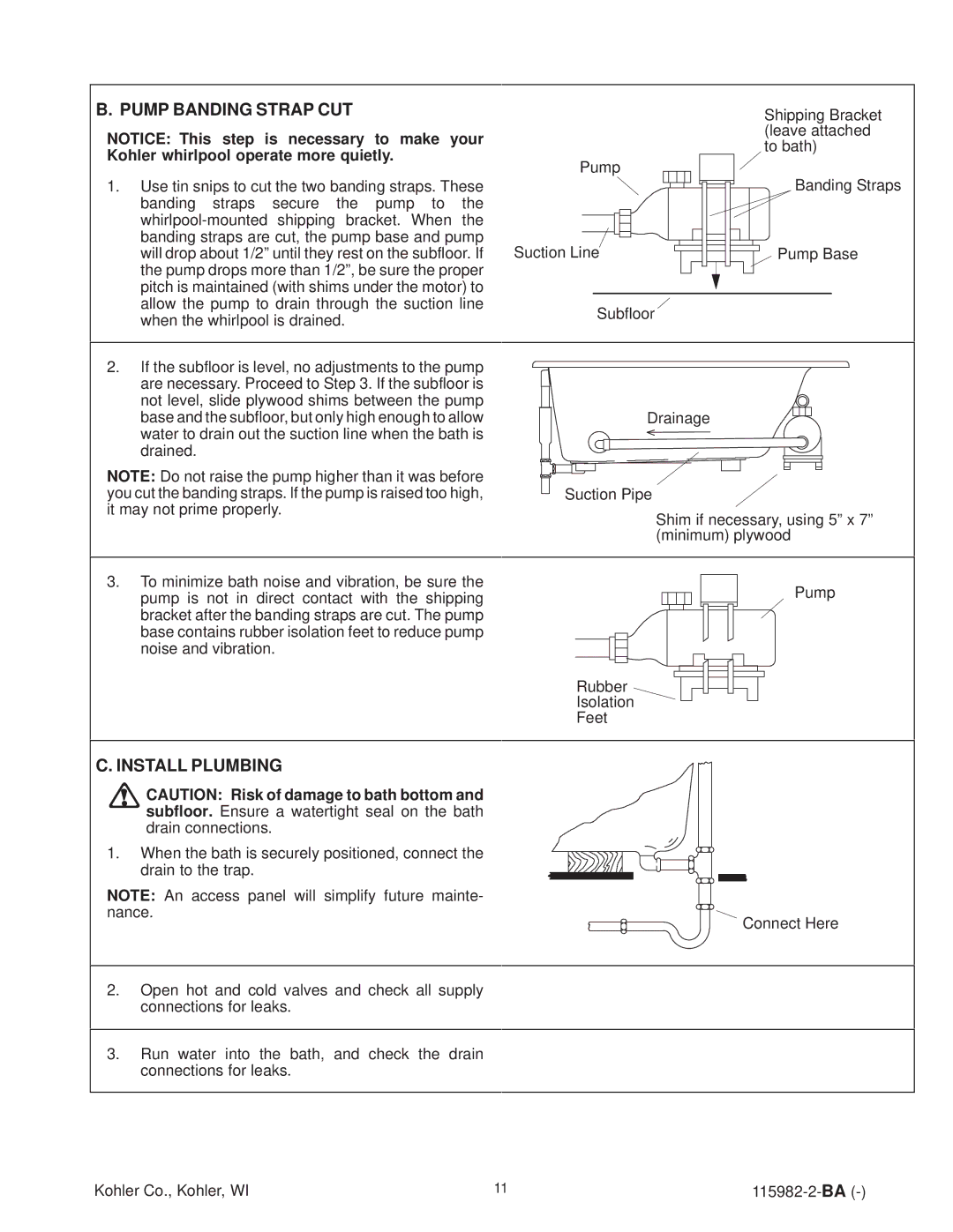 Kohler K-12105-H, K-12106-H manual Pump Banding Strap CUT, Install Plumbing 