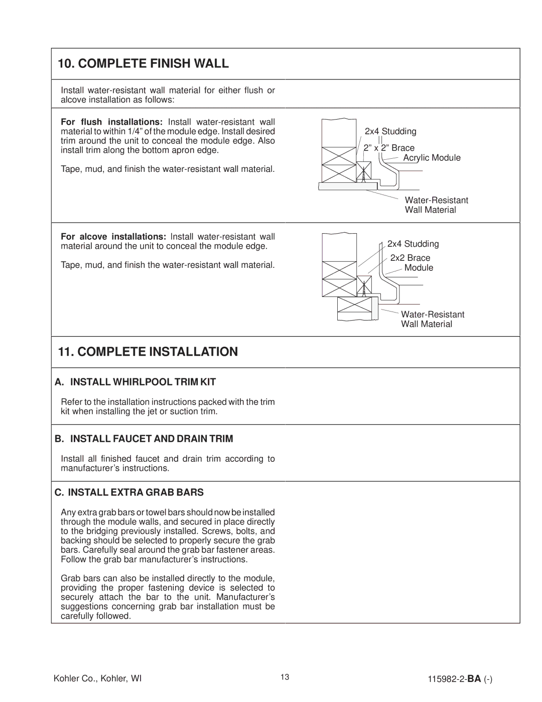 Kohler K-12105-H Complete Finish Wall, Complete Installation, Install Whirlpool Trim KIT, Install Faucet and Drain Trim 