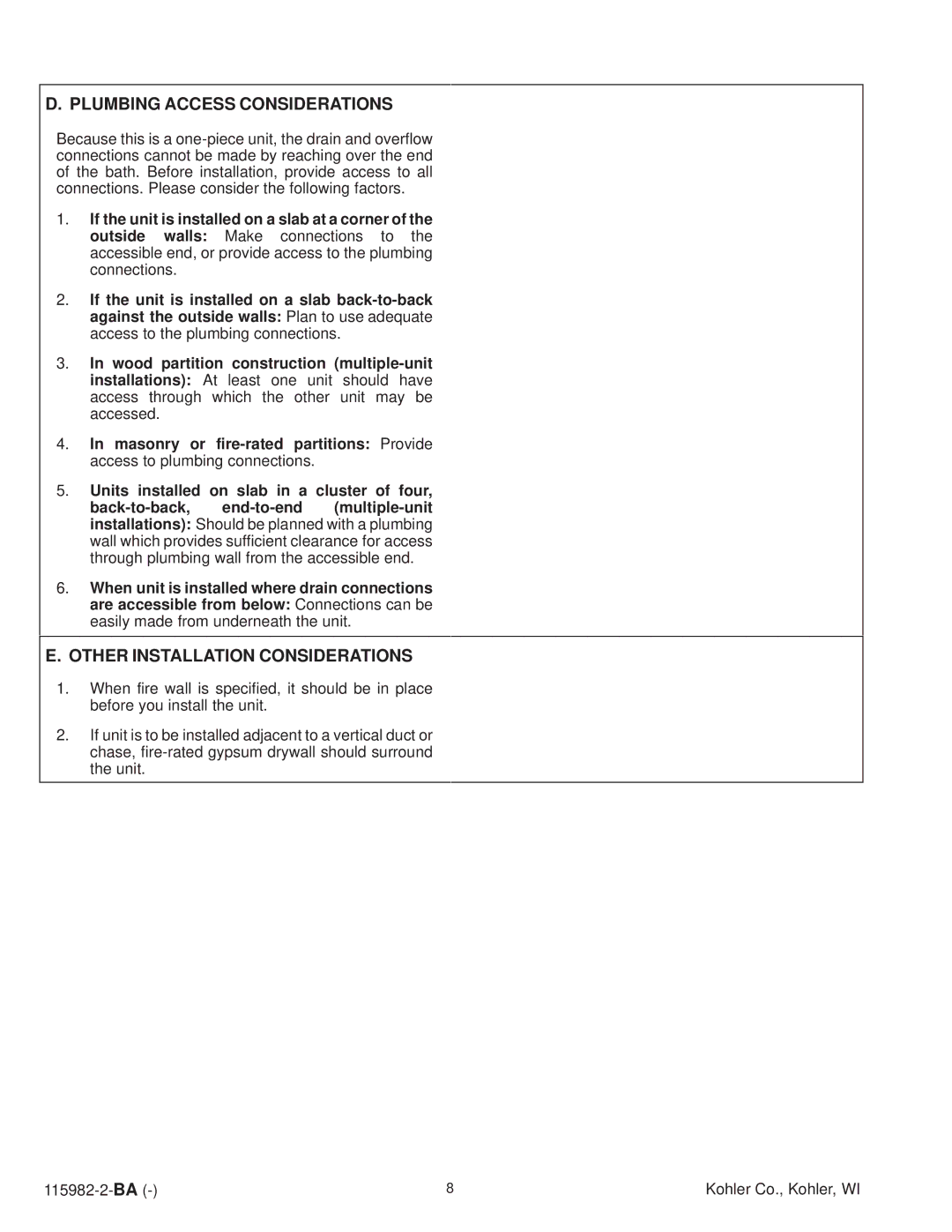 Kohler K-12106-H, K-12105-H manual Plumbing Access Considerations, Other Installation Considerations 