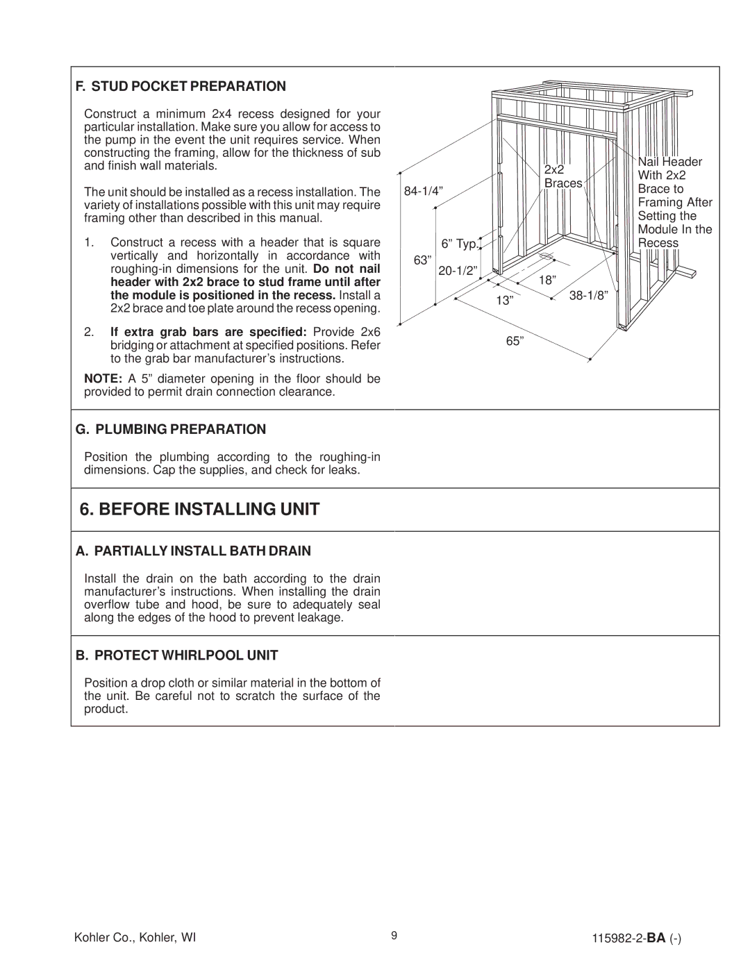 Kohler K-12105-H manual Before Installing Unit, Stud Pocket Preparation, Plumbing Preparation, Partially Install Bath Drain 